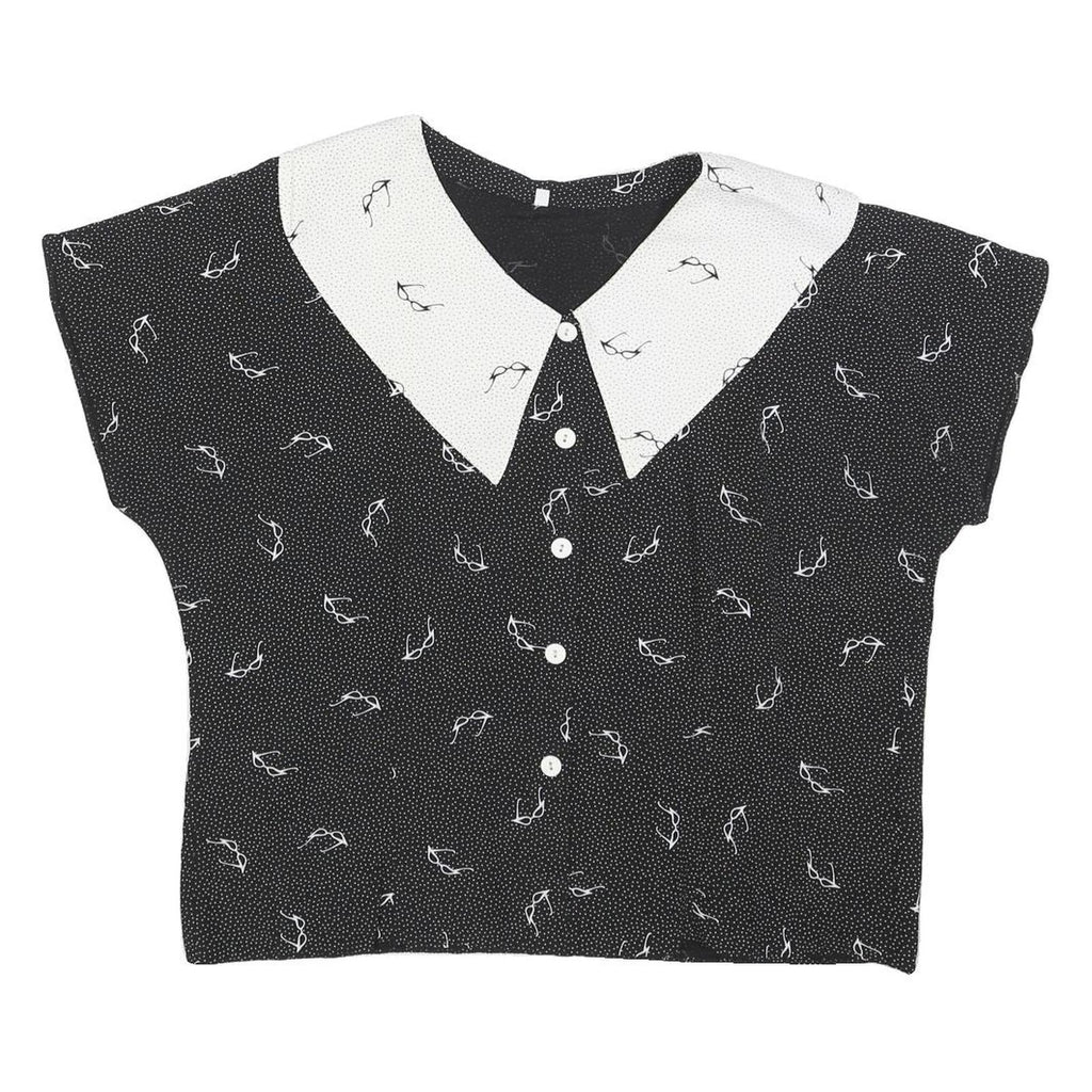 Womens Black & White Printed Top Short Sleeve Button Neck L Glasses Print