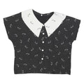 Womens Black & White Printed Top Short Sleeve Button Neck L Glasses Print