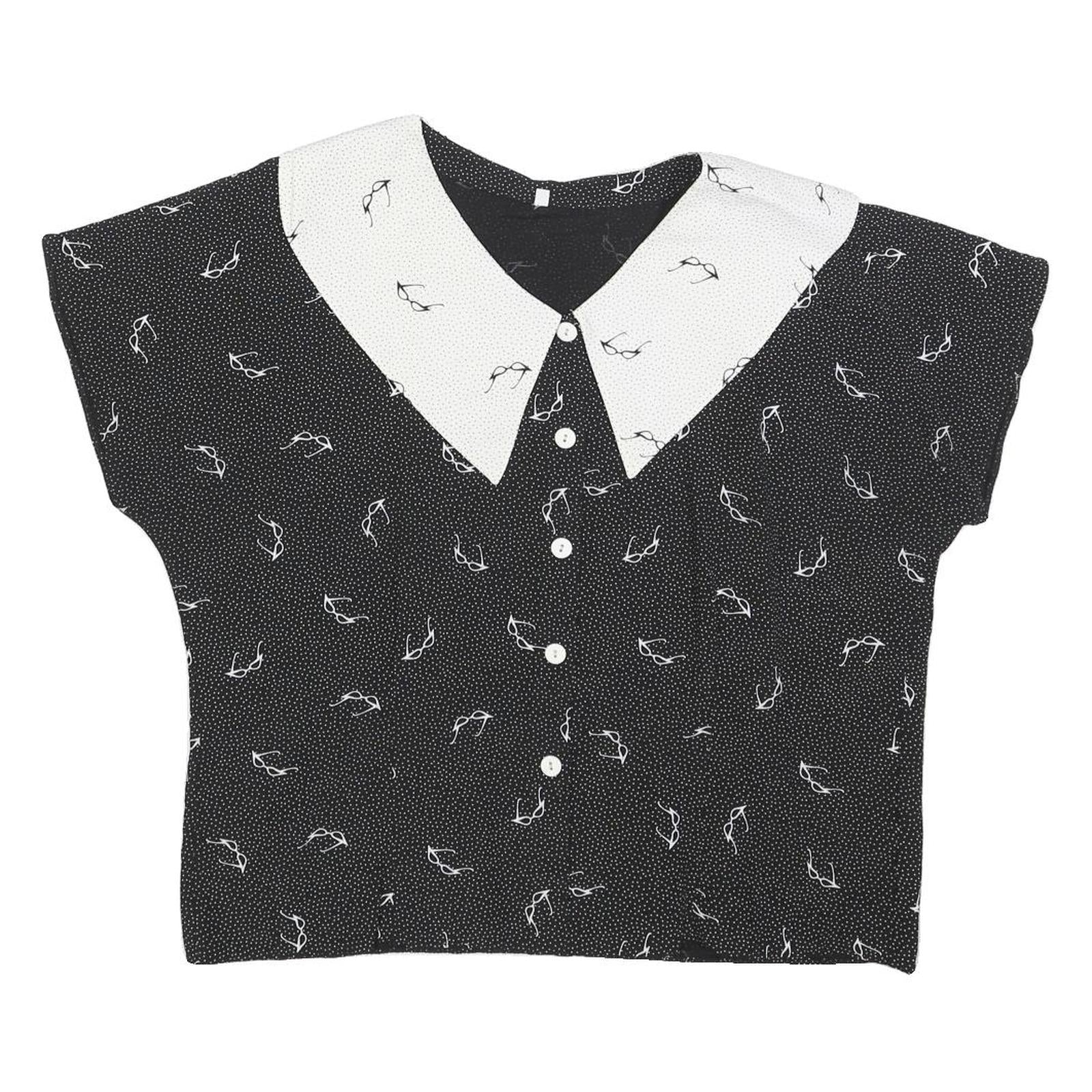 Womens Black & White Printed Top Short Sleeve Button Neck L Glasses Print