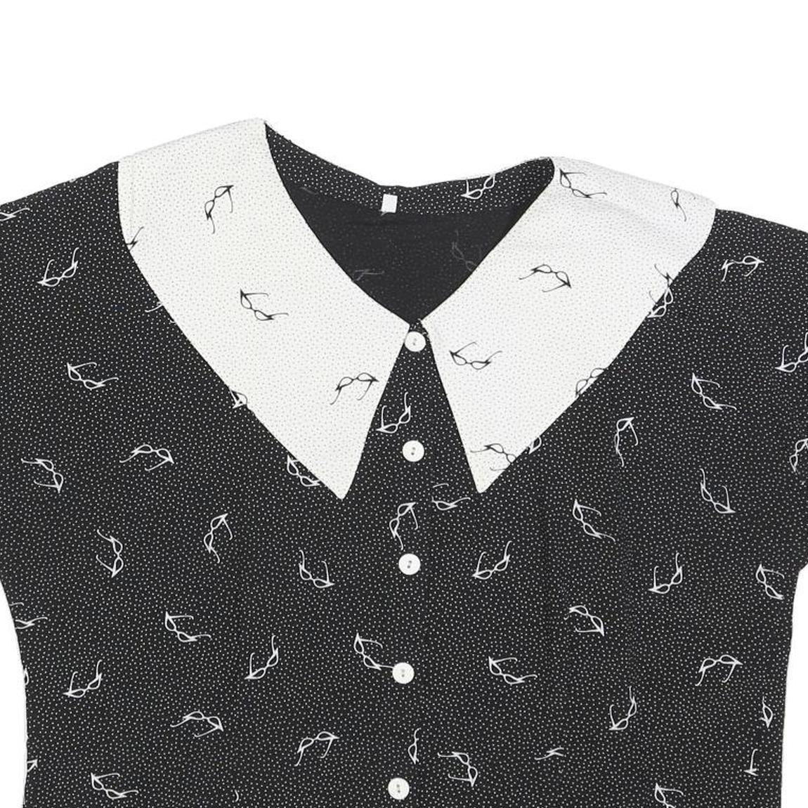 Womens Black & White Printed Top Short Sleeve Button Neck L Glasses Print