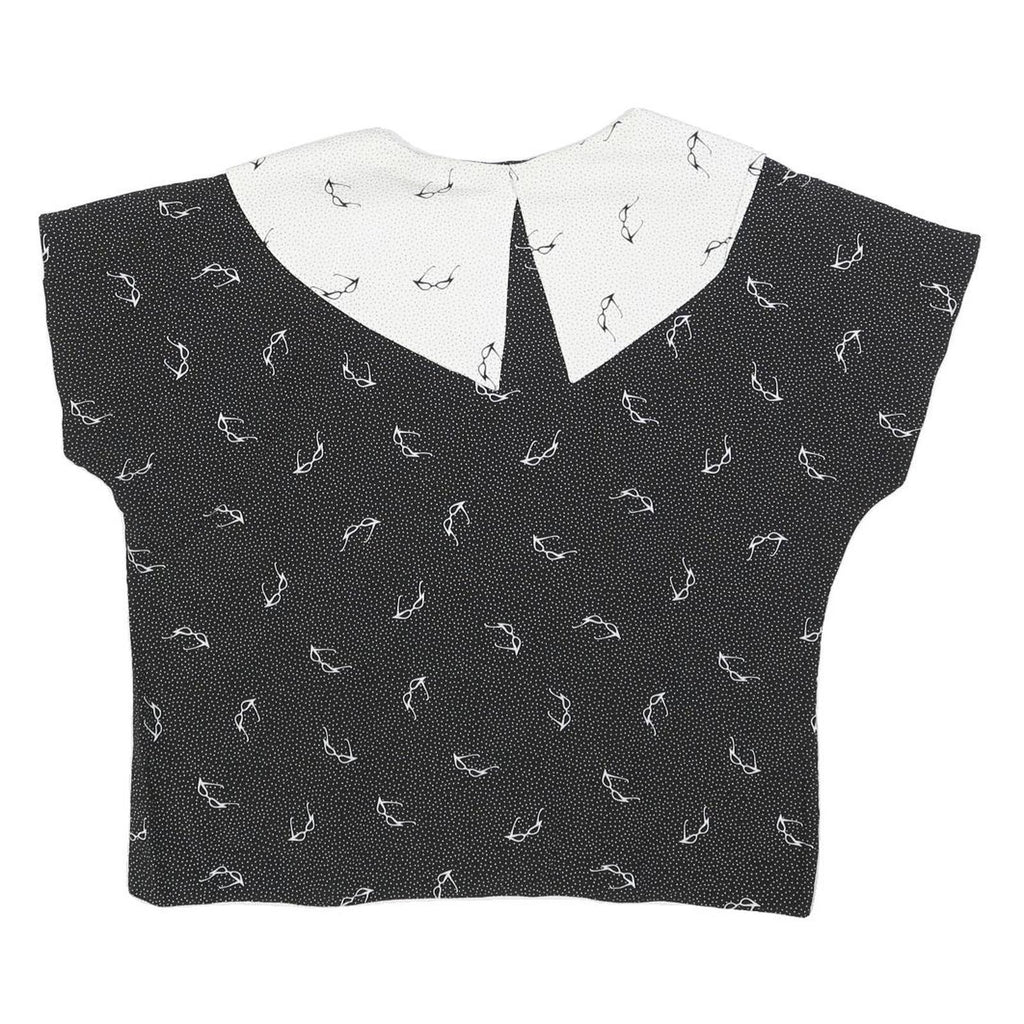 Womens Black & White Printed Top Short Sleeve Button Neck L Glasses Print
