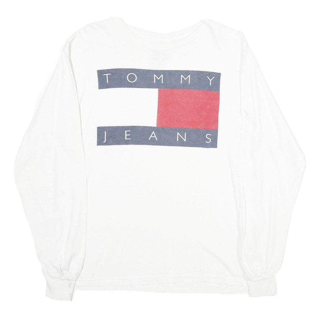TOMMY HILFIGER Mens White Graphic T-Shirt L Long Sleeve Crew Neck Cotton