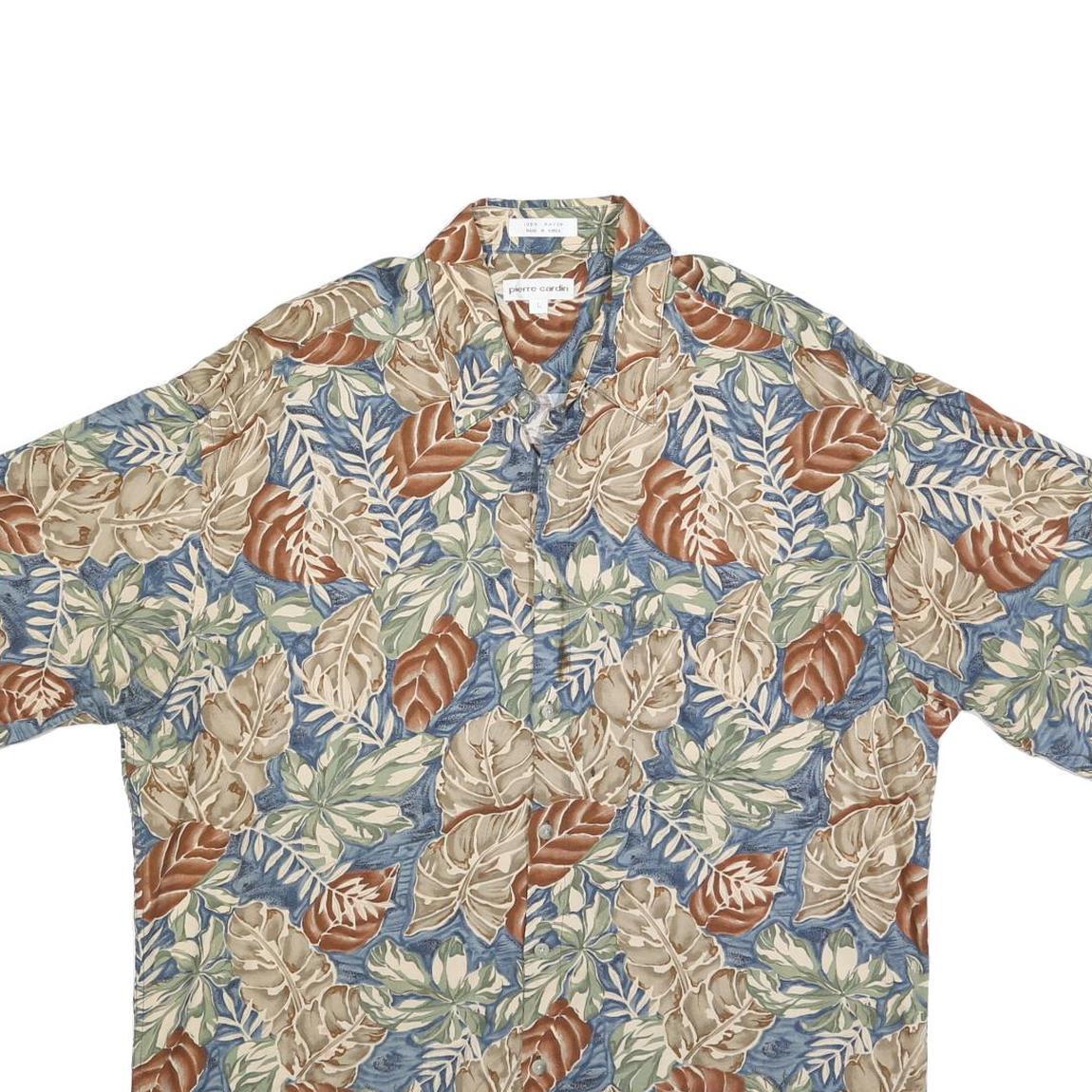 PIERRE CARDIN Mens Beige & Blue Leaf Print Shirt L Rayon Short Sleeve Casual