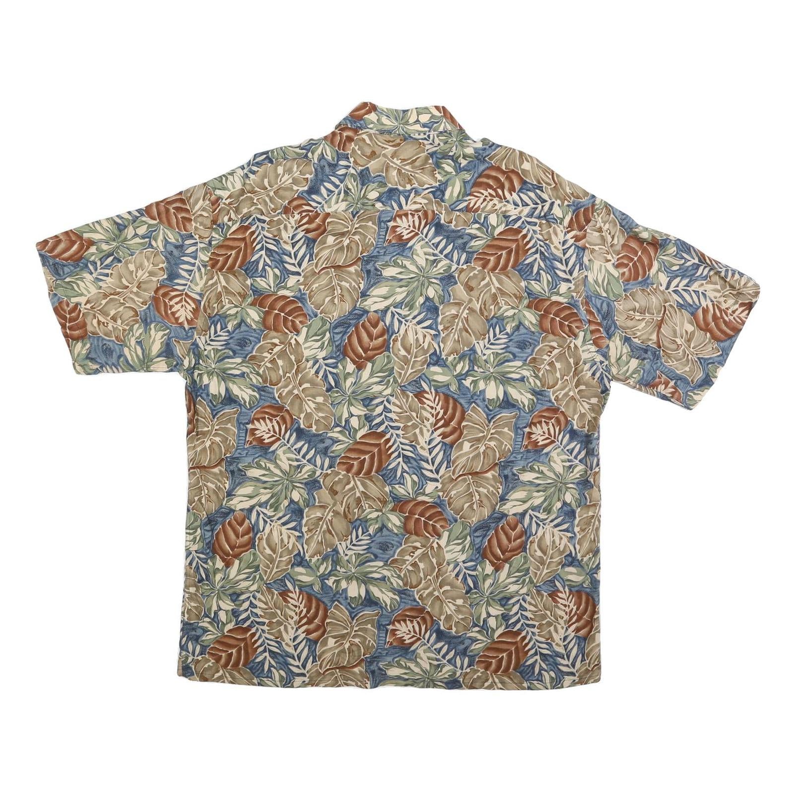 PIERRE CARDIN Mens Beige & Blue Leaf Print Shirt L Rayon Short Sleeve Casual