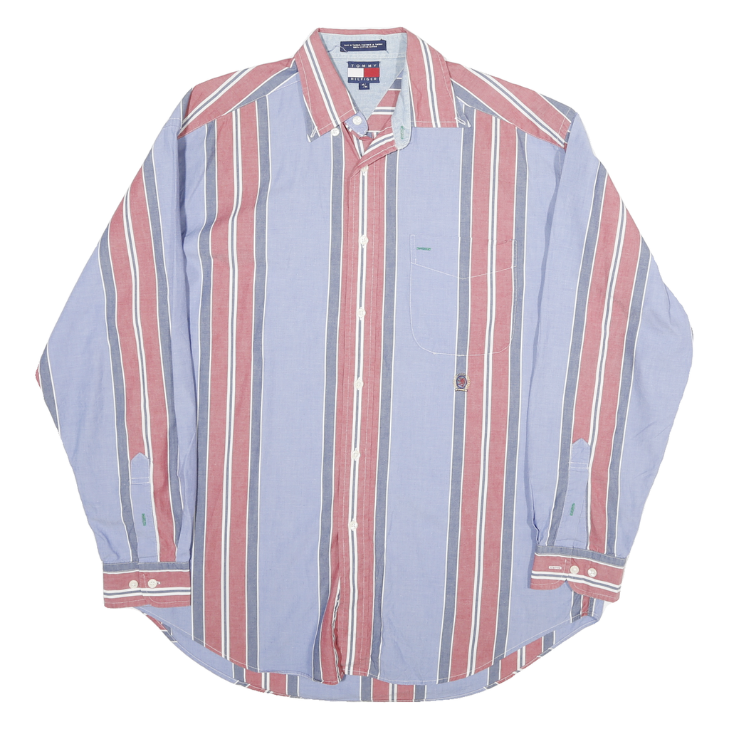 TOMMY HILFIGER Mens Blue & Red Stripe Shirt M Cotton Blend Long Sleeve Button
