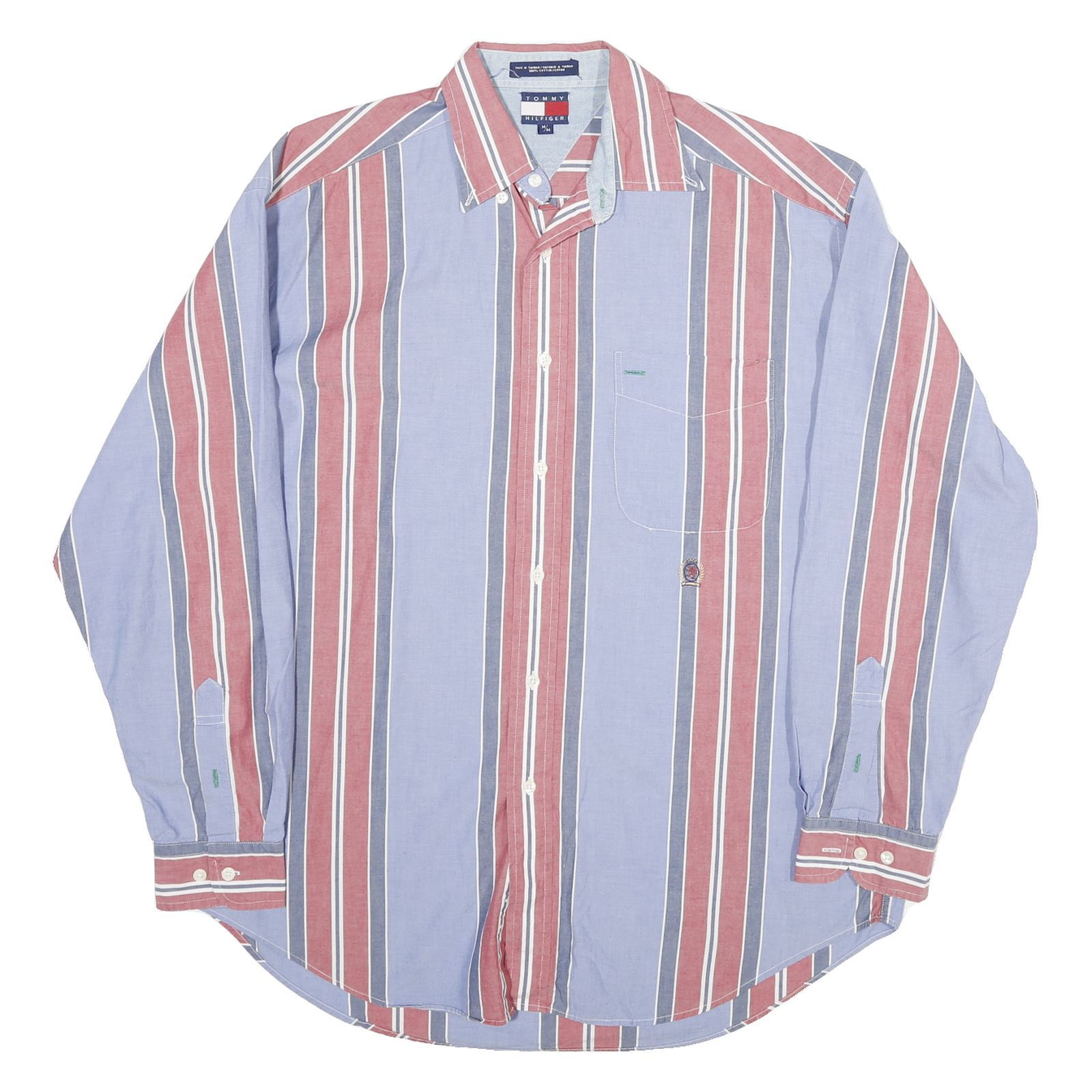 TOMMY HILFIGER Mens Blue & Red Stripe Shirt M Cotton Blend Long Sleeve Button