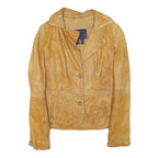 MNG Womens Yellow Leather Zip Jacket M Genuine Leather Soft Fit Button Collar