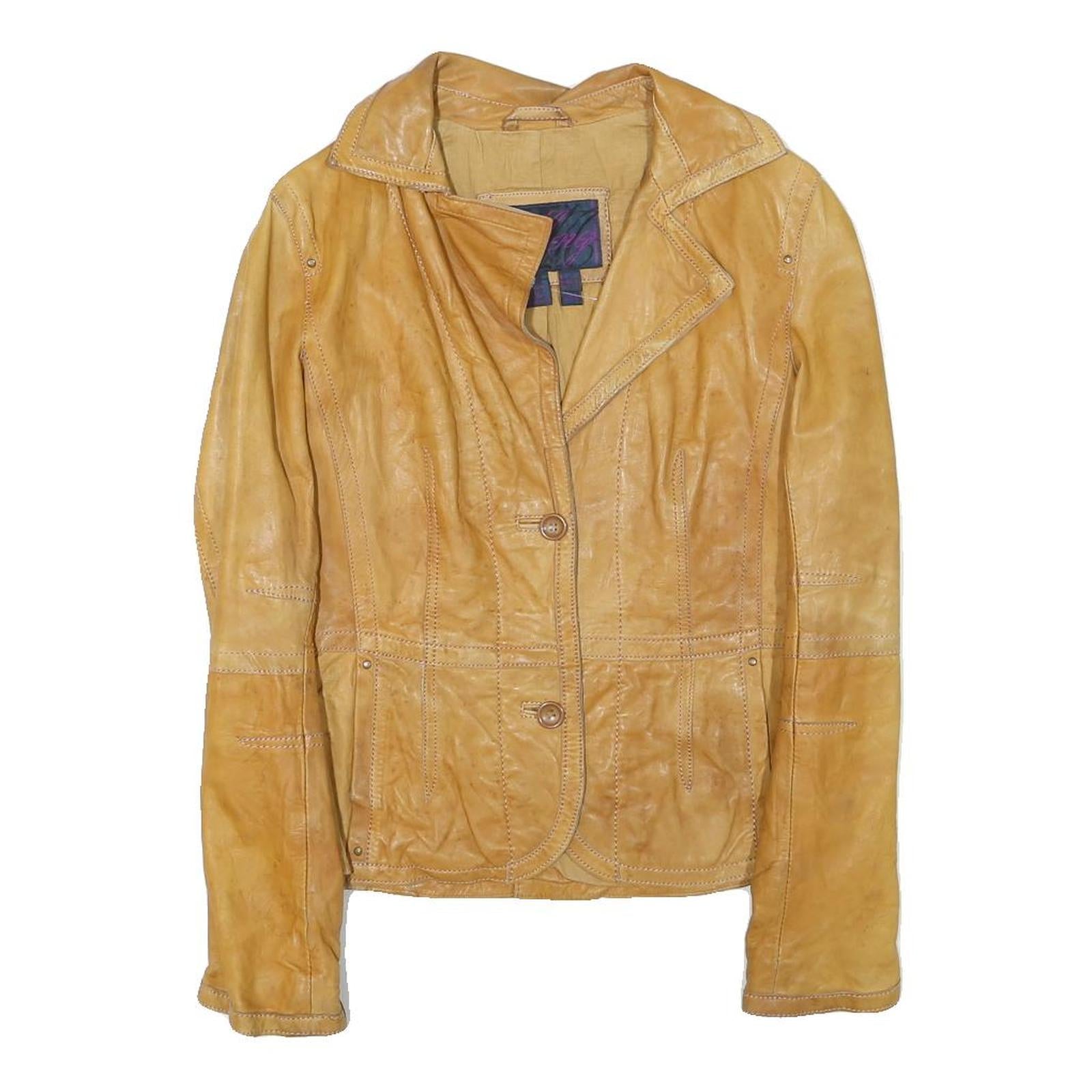 MNG Womens Yellow Leather Zip Jacket M Genuine Leather Soft Fit Button Collar