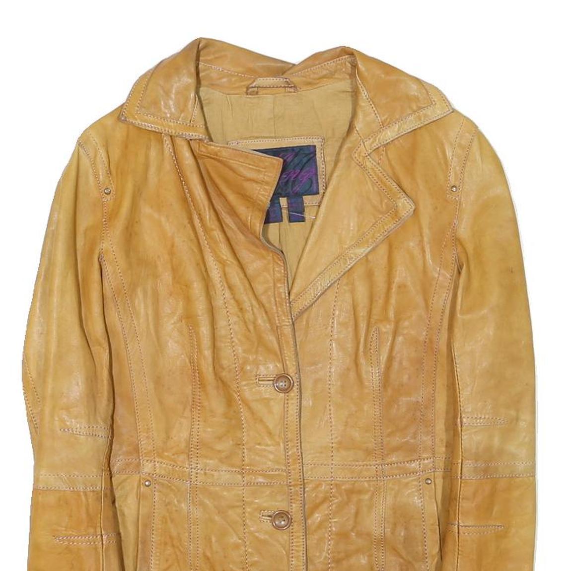 MNG Womens Yellow Leather Zip Jacket M Genuine Leather Soft Fit Button Collar