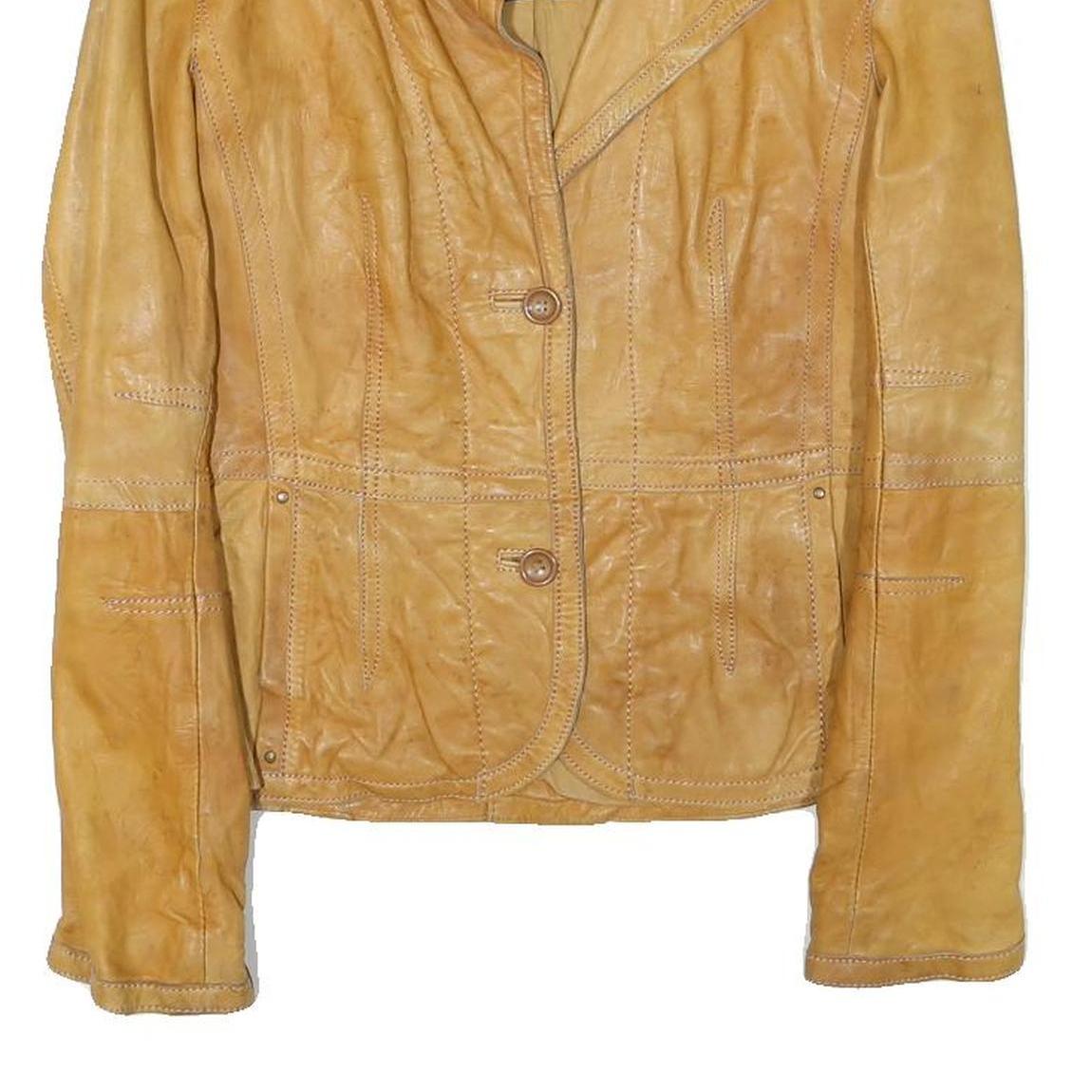 MNG Womens Yellow Leather Zip Jacket M Genuine Leather Soft Fit Button Collar