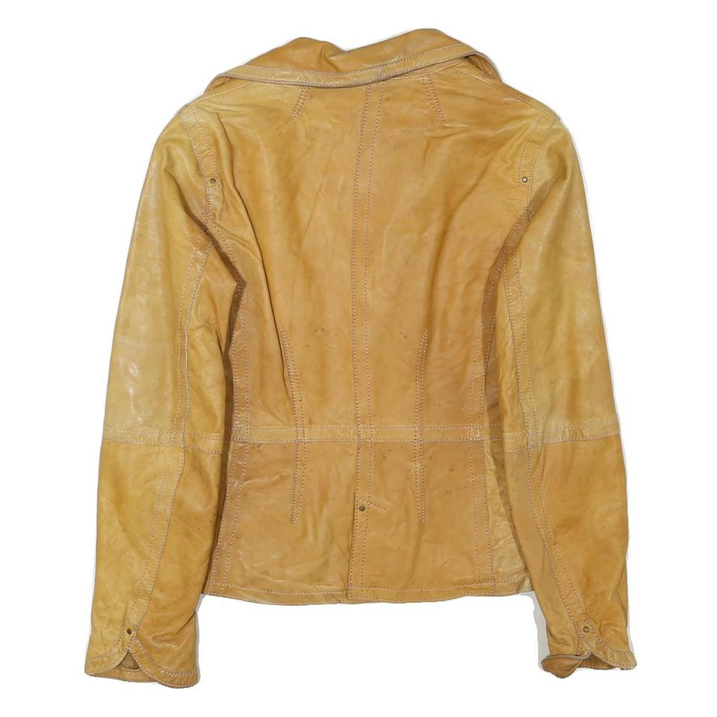 MNG Womens Yellow Leather Zip Jacket M Genuine Leather Soft Fit Button Collar