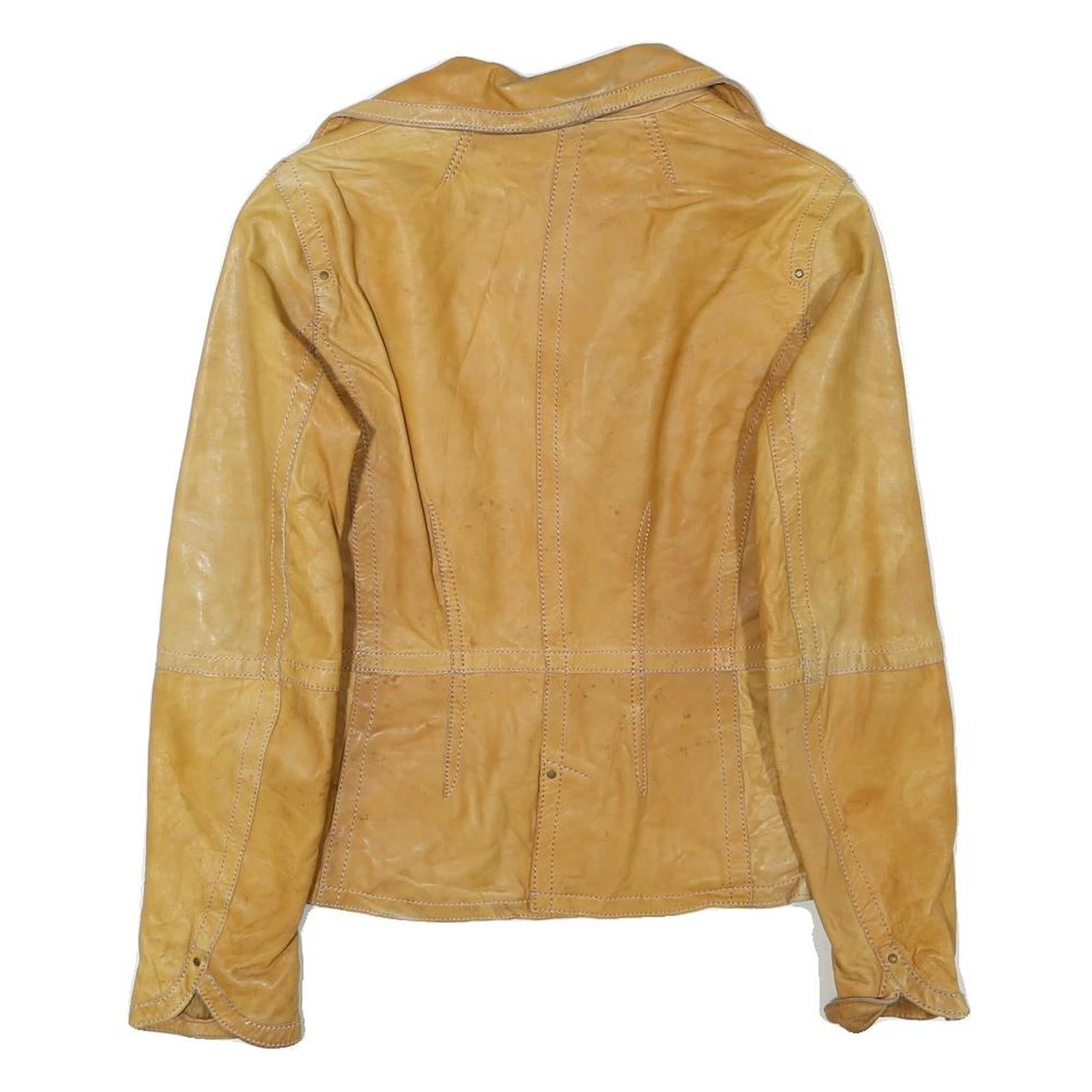 MNG Womens Yellow Leather Zip Jacket M Genuine Leather Soft Fit Button Collar