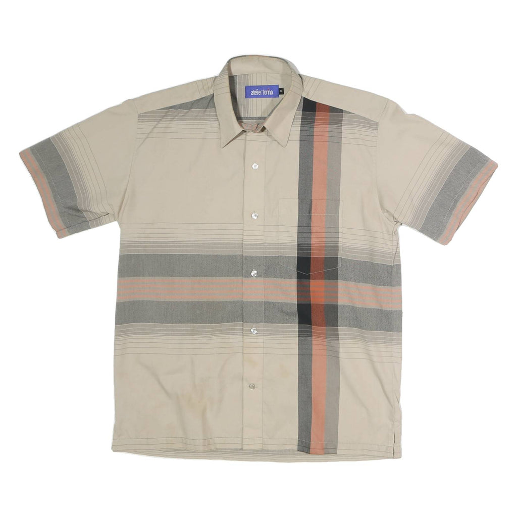 ATELIER TORINO Mens Beige & Grey Striped Button Cotton Blend Shirt L Relaxed Fit