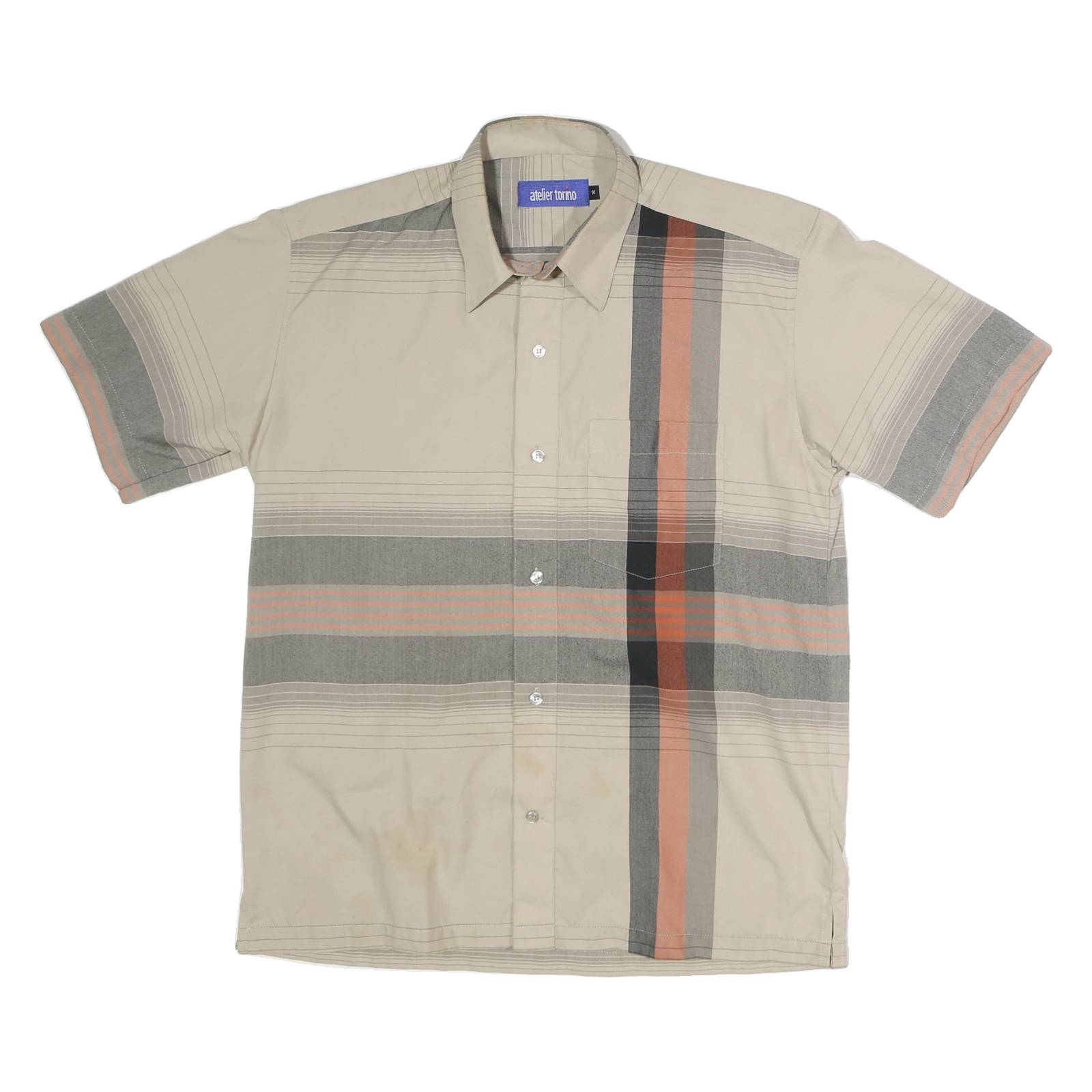 ATELIER TORINO Mens Beige & Grey Striped Button Cotton Blend Shirt L Relaxed Fit