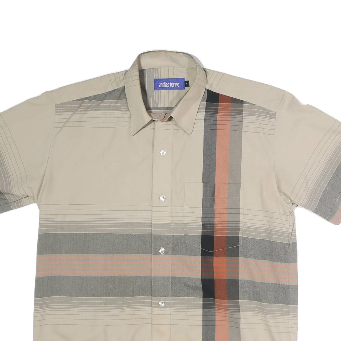 ATELIER TORINO Mens Beige & Grey Striped Button Cotton Blend Shirt L Relaxed Fit