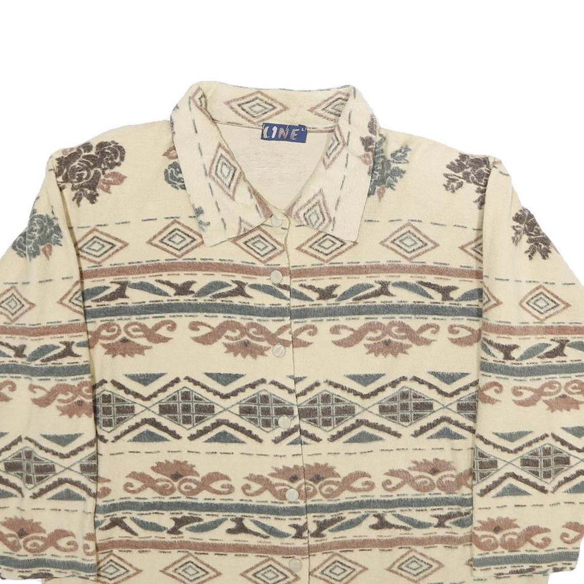 LINE Womens Cream Pattern Cotton Shirt L Button Up Vintage Style Relaxed Fit