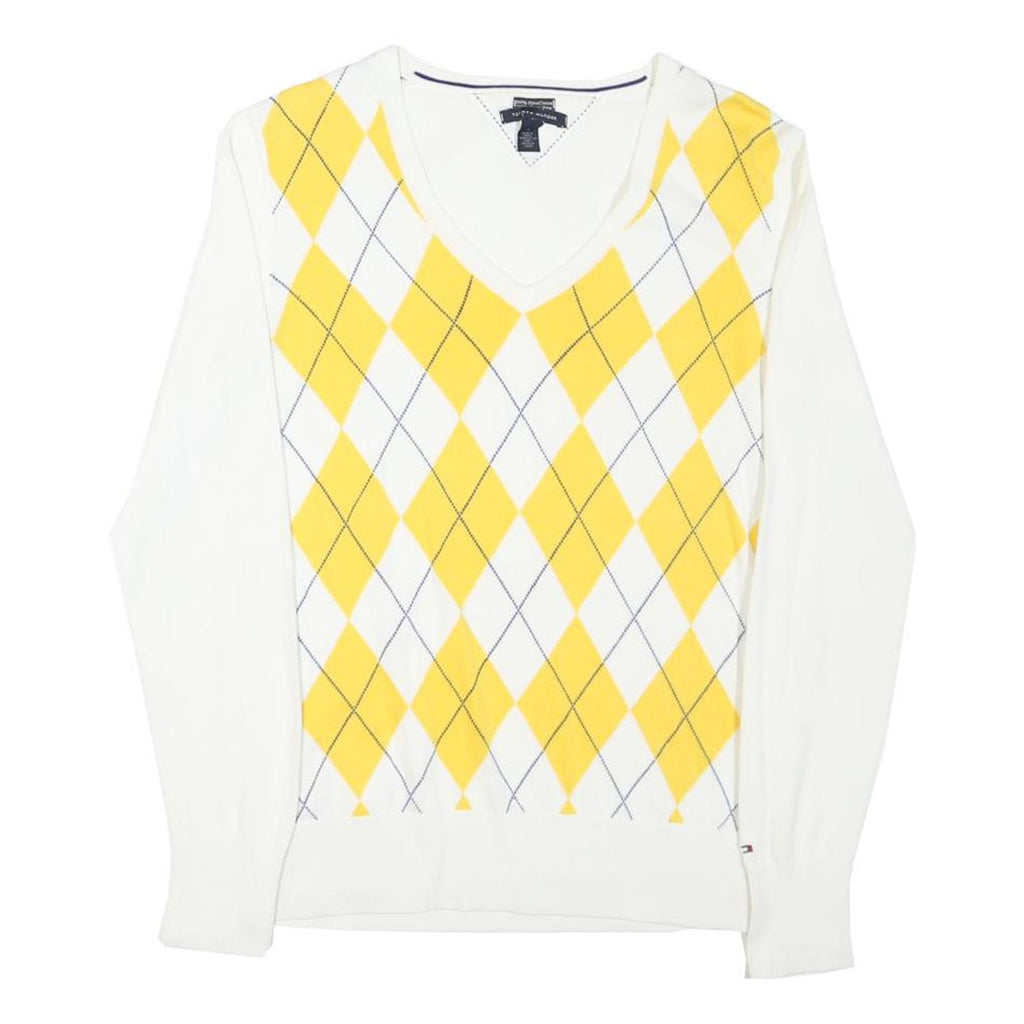 TOMMY HILFIGER Womens White & Yellow Patterned Jumper V-Neck Basic Knit M Cotton