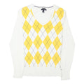 TOMMY HILFIGER Womens White & Yellow Patterned Jumper V-Neck Basic Knit M Cotton