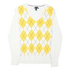 TOMMY HILFIGER Womens White & Yellow Patterned Jumper V-Neck Basic Knit M Cotton