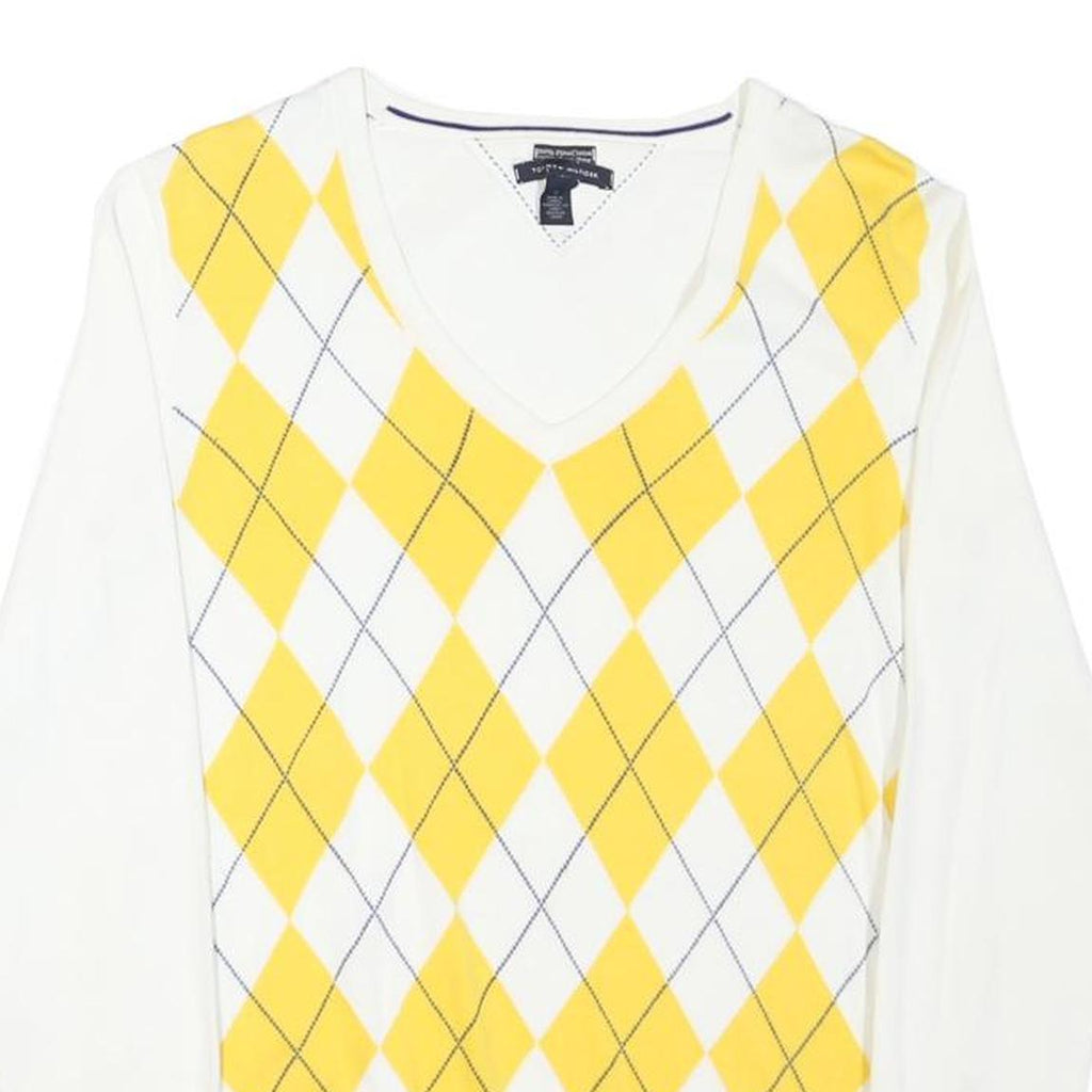 TOMMY HILFIGER Womens White & Yellow Patterned Jumper V-Neck Basic Knit M Cotton