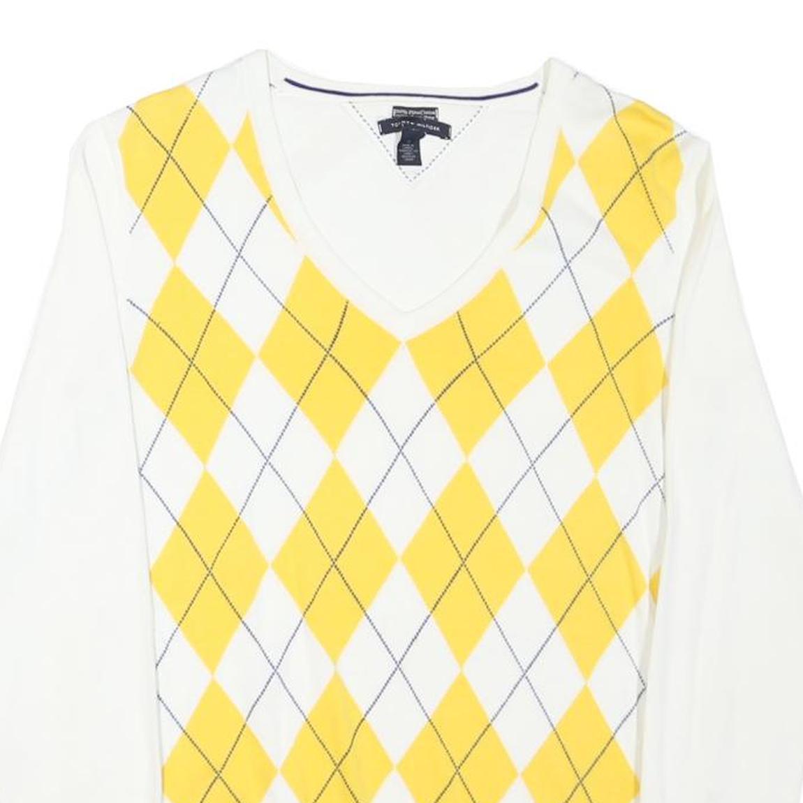 TOMMY HILFIGER Womens White & Yellow Patterned Jumper V-Neck Basic Knit M Cotton