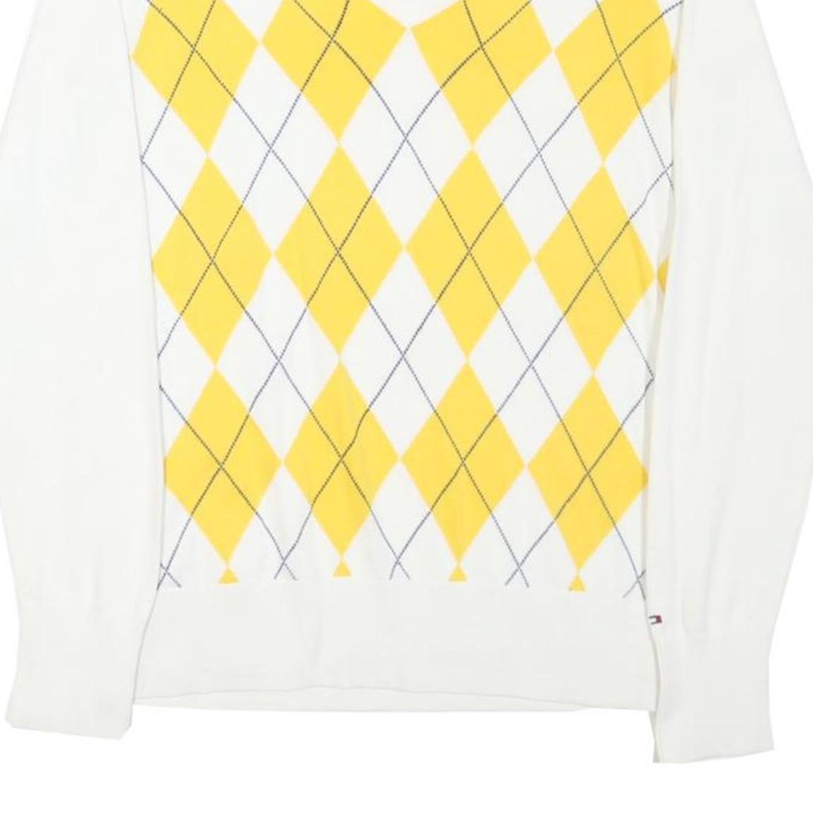 TOMMY HILFIGER Womens White & Yellow Patterned Jumper V-Neck Basic Knit M Cotton