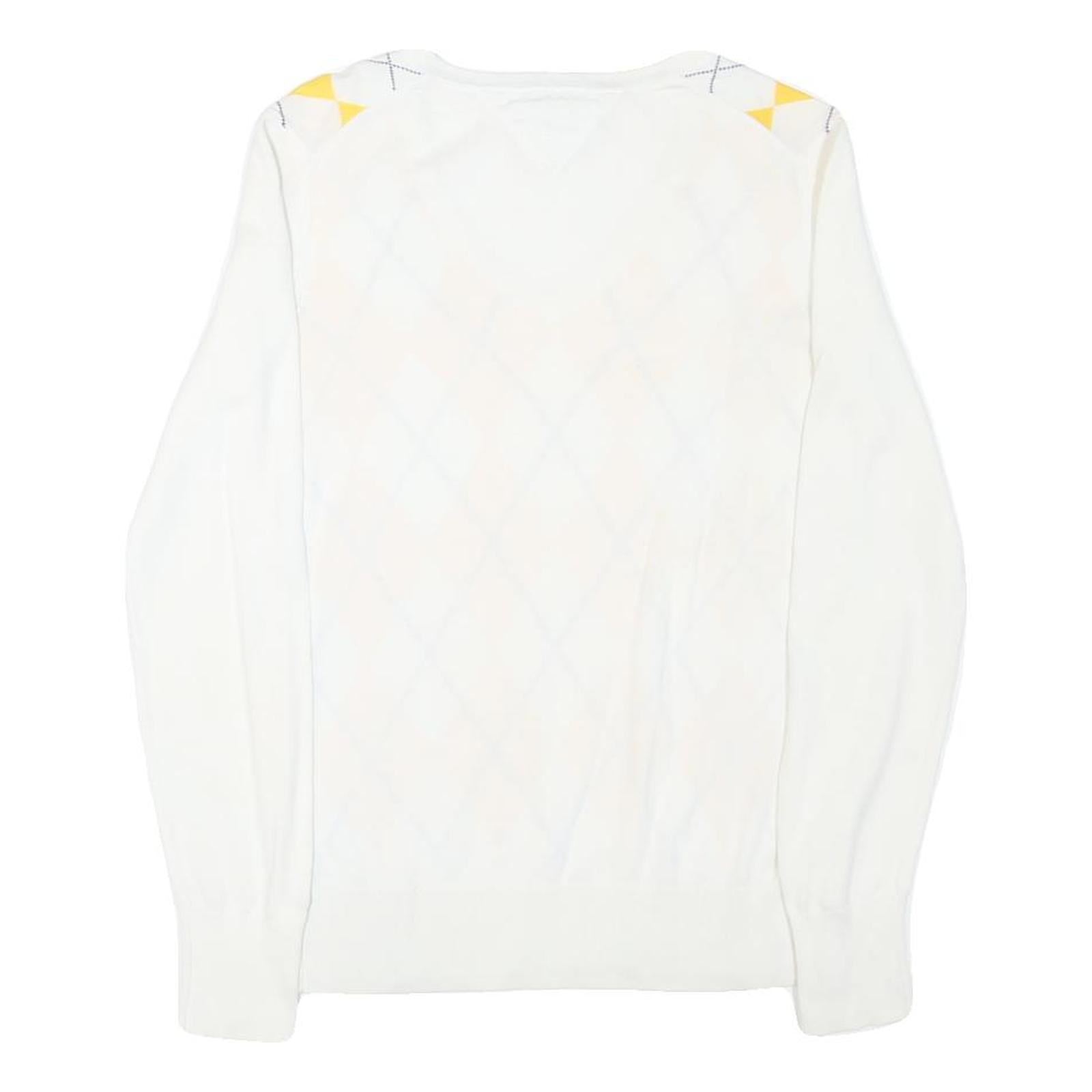 TOMMY HILFIGER Womens White & Yellow Patterned Jumper V-Neck Basic Knit M Cotton