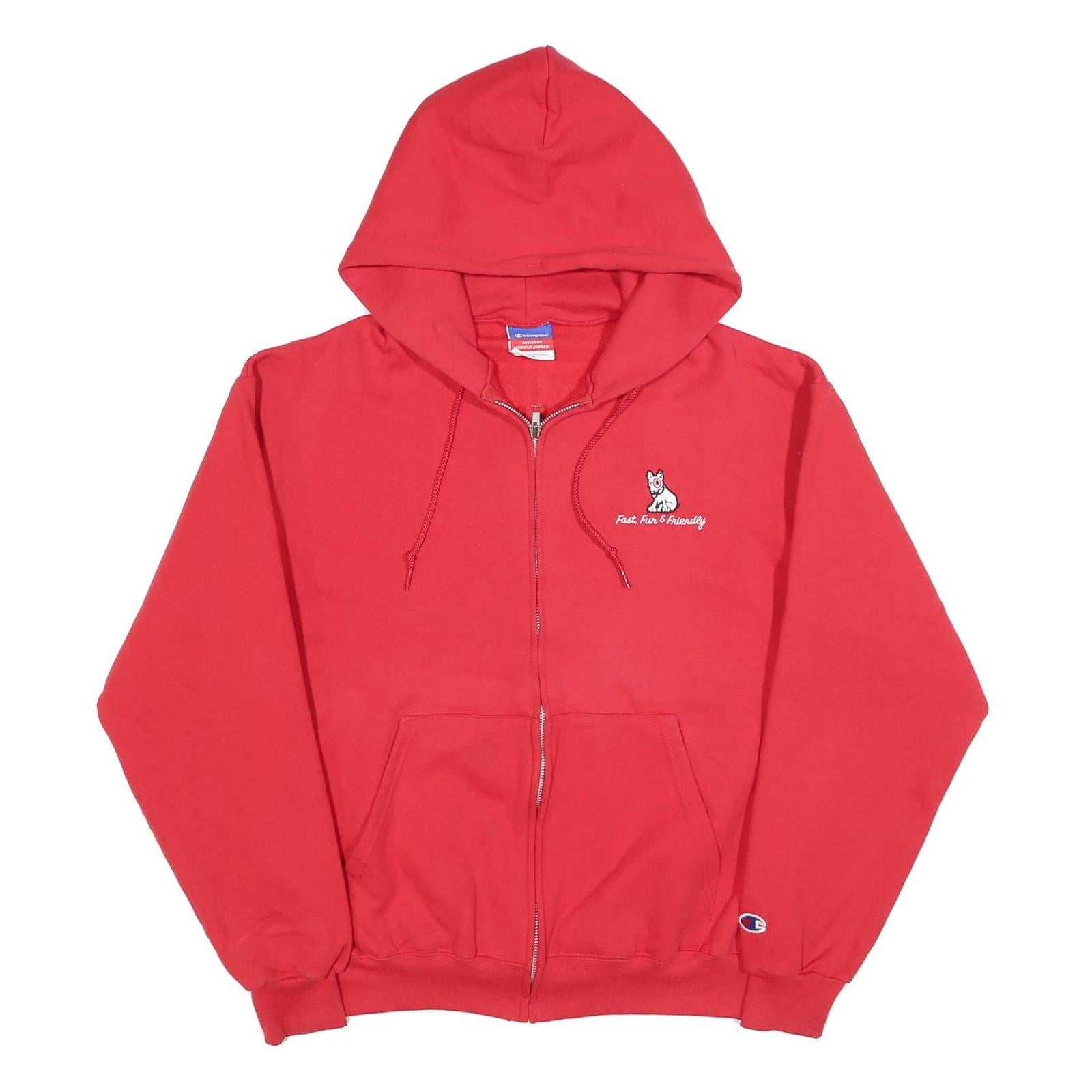 CHAMPION Mens Red Zip Up Hoodie M Fast Fun & Friendly Dog Graphic