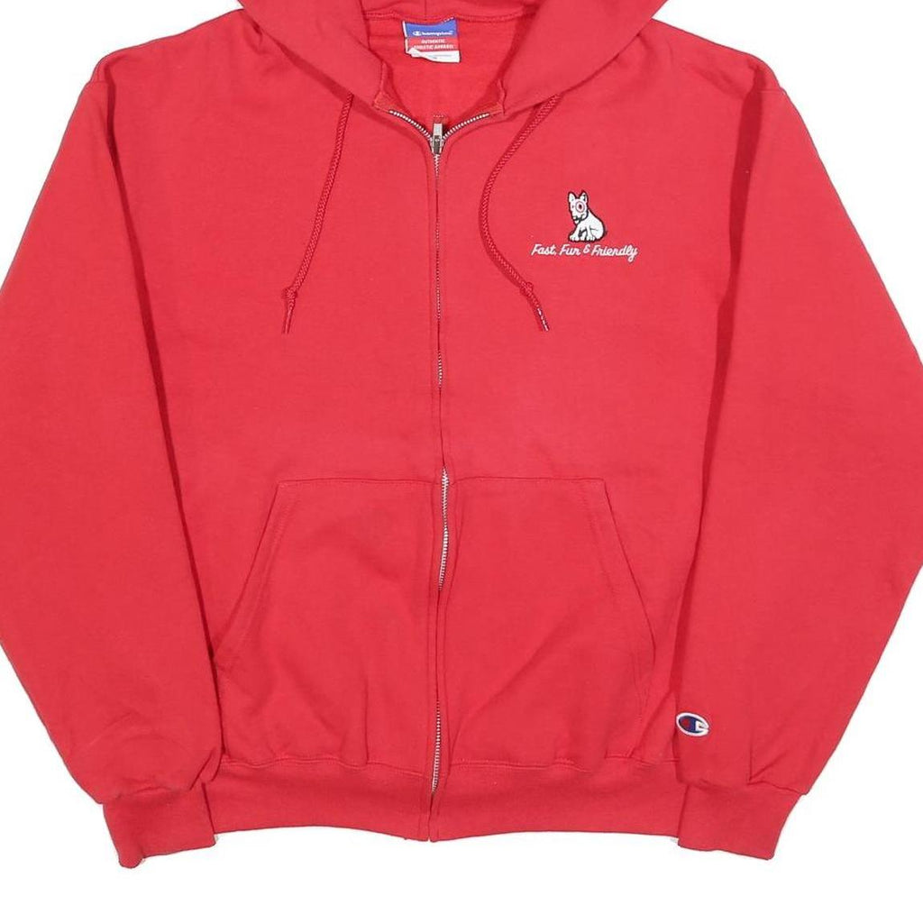 CHAMPION Mens Red Zip Up Hoodie M Fast Fun & Friendly Dog Graphic