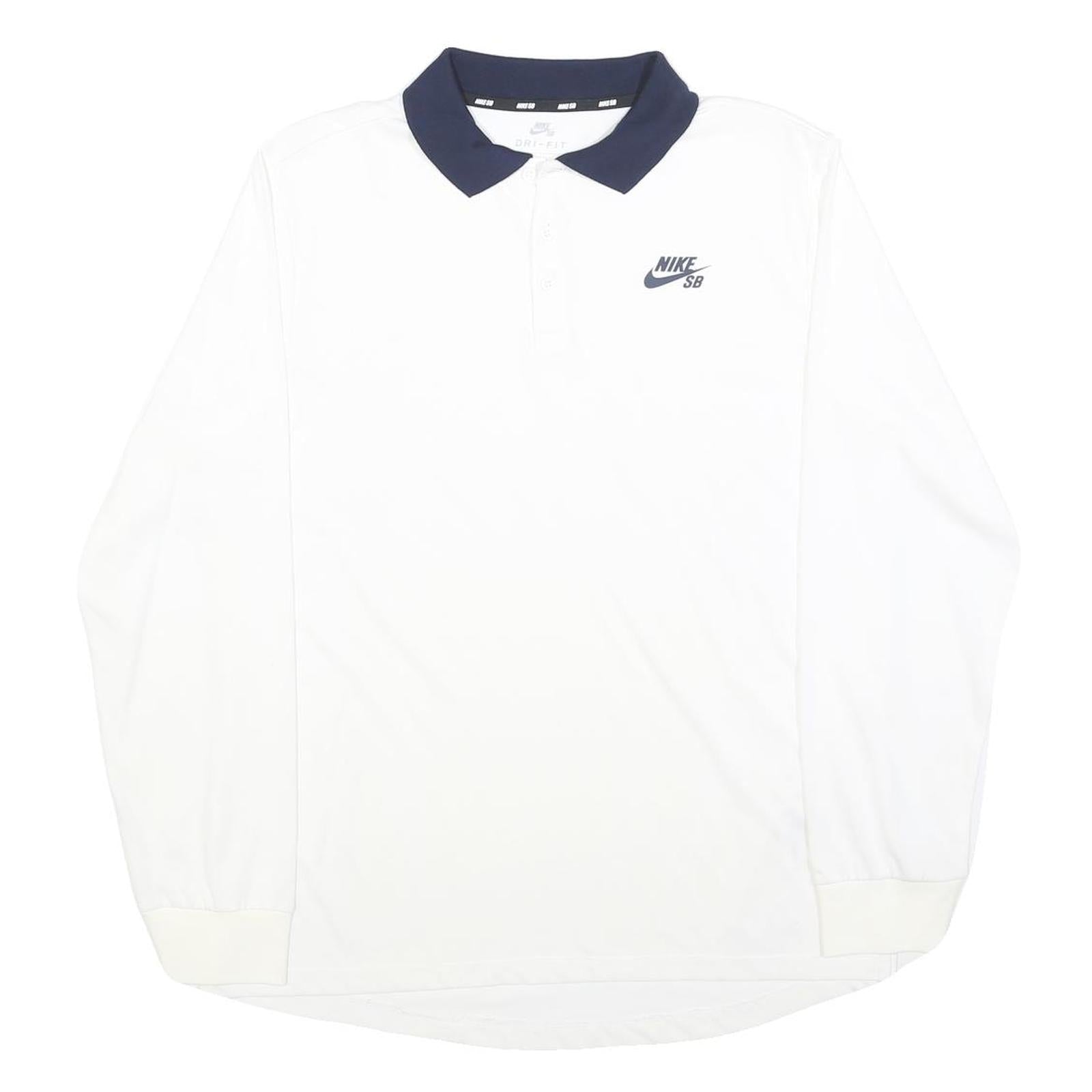 NIKE Mens White & Navy Blue Long Sleeve Plain M Polo Shirt Cotton Blend