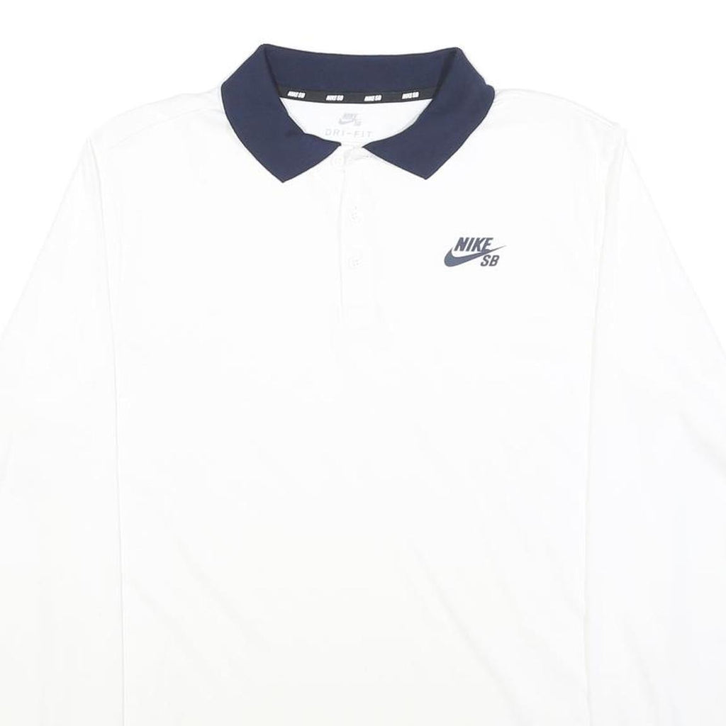 NIKE Mens White & Navy Blue Long Sleeve Plain M Polo Shirt Cotton Blend
