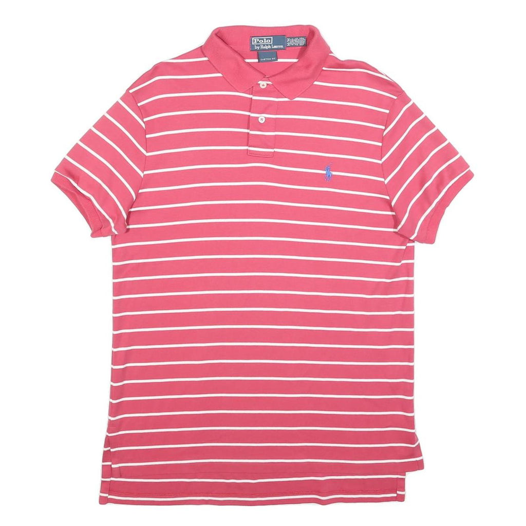 POLO RALPH LAUREN Mens Pink & White Striped Short Sleeve M Cotton Polo Shirt
