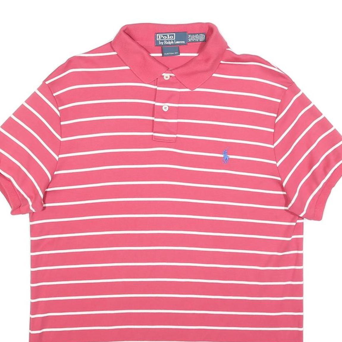 POLO RALPH LAUREN Mens Pink & White Striped Short Sleeve M Cotton Polo Shirt