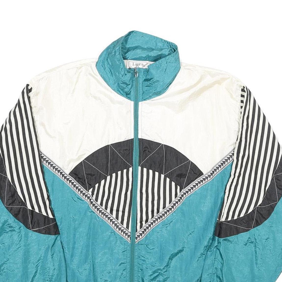 LAURA KATHERINE Womens Teal & White Black Stripe Nylon Zip Up Jacket S Retro