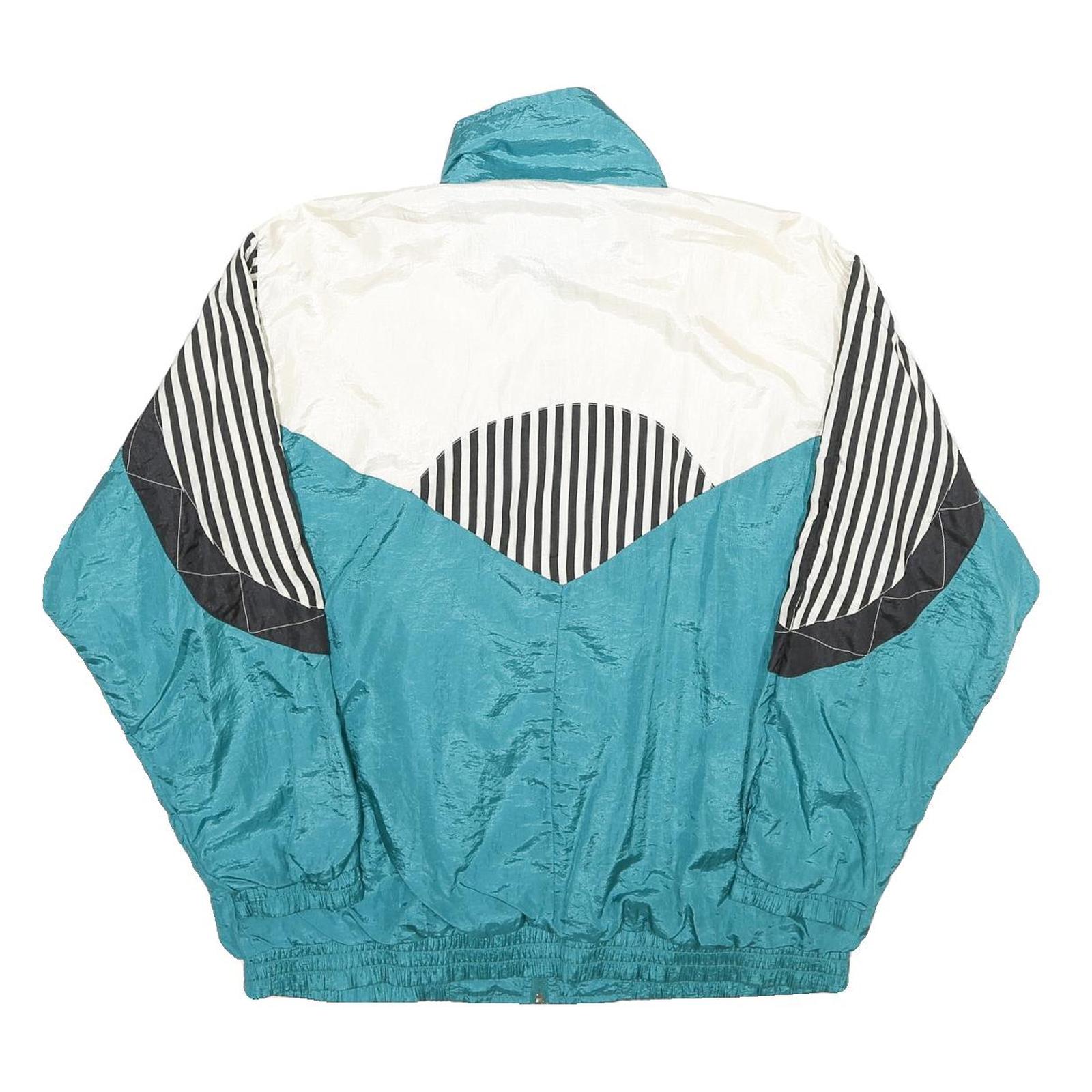 LAURA KATHERINE Womens Teal & White Black Stripe Nylon Zip Up Jacket S Retro