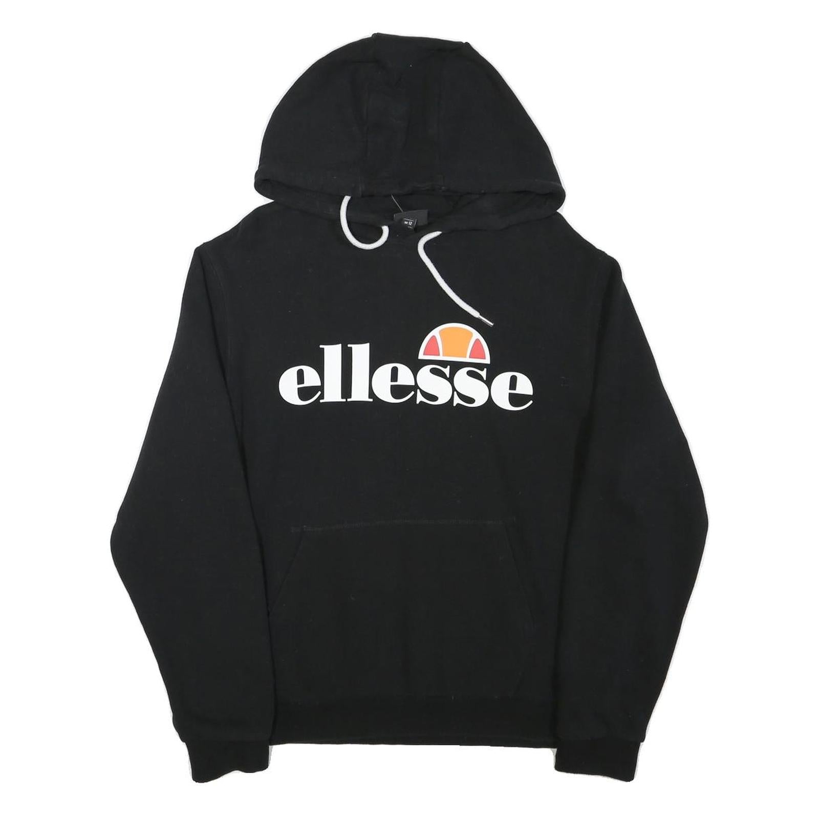 ELLESSE Womens Black Hoodie UK 12 Cotton Blend Pullover Hooded Sweatshirt