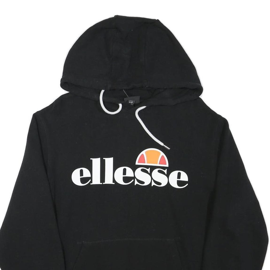 ELLESSE Womens Black Hoodie UK 12 Cotton Blend Pullover Hooded Sweatshirt