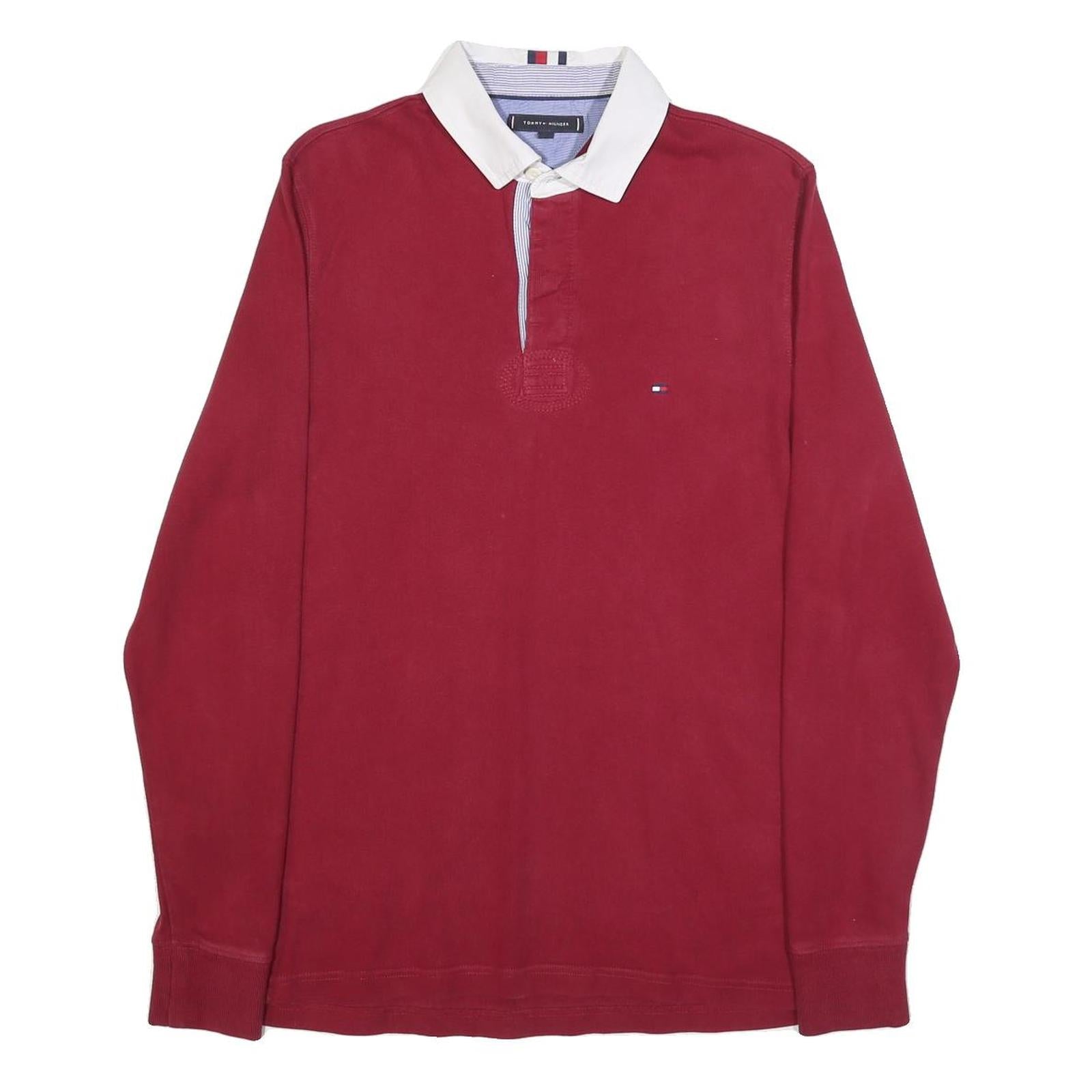 TOMMY HILFIGER Mens Red White Long Sleeve Plain M Cotton Blend Polo Shirt