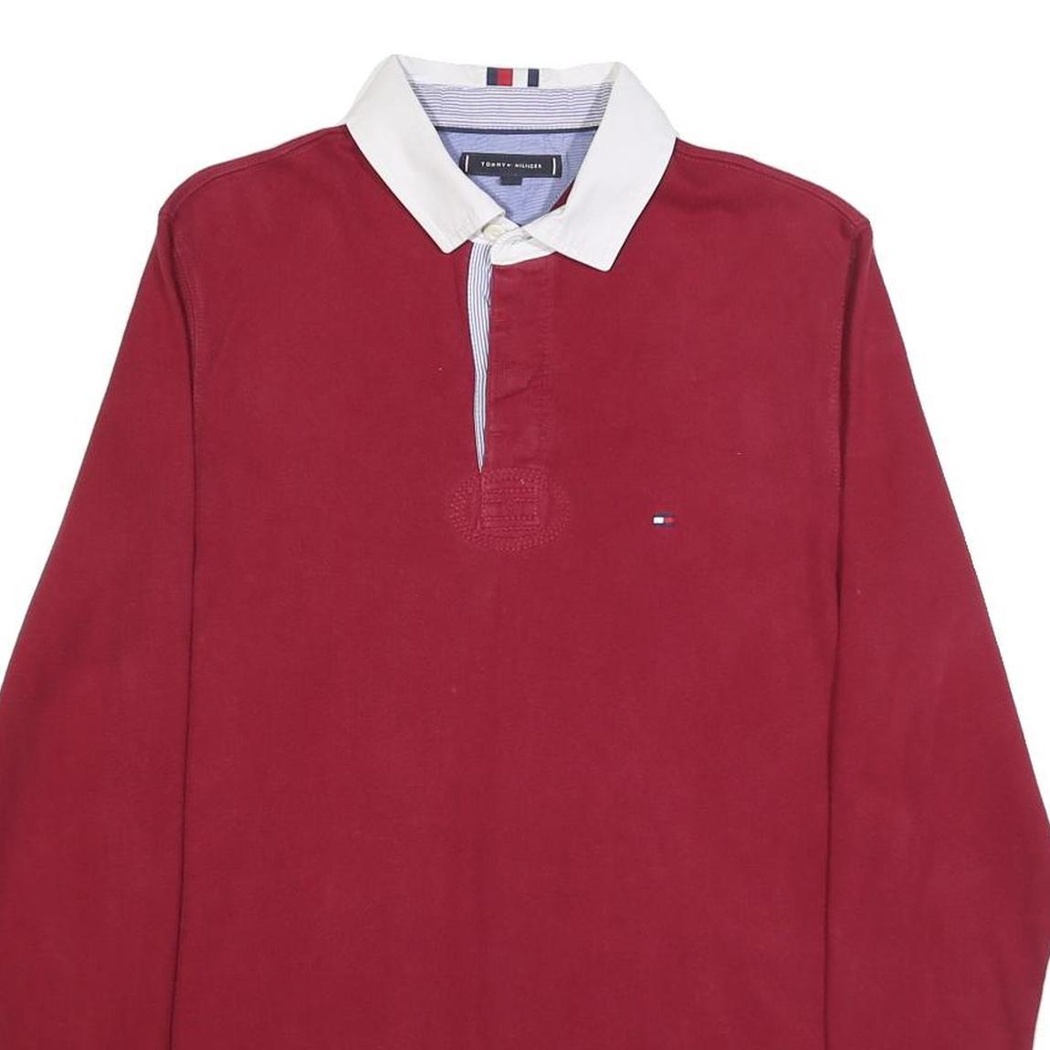 TOMMY HILFIGER Mens Red White Long Sleeve Plain M Cotton Blend Polo Shirt