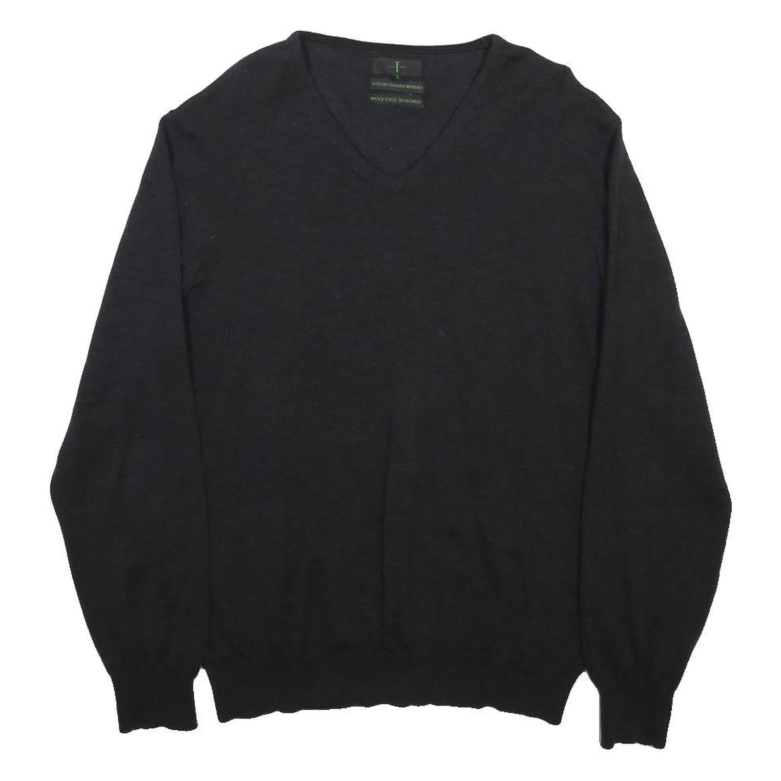 JASPER CONRAD Mens Black Plain Wool V-Neck Basic Knit L Jumper Sweater