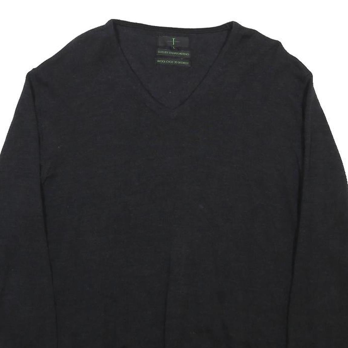 JASPER CONRAD Mens Black Plain Wool V-Neck Basic Knit L Jumper Sweater