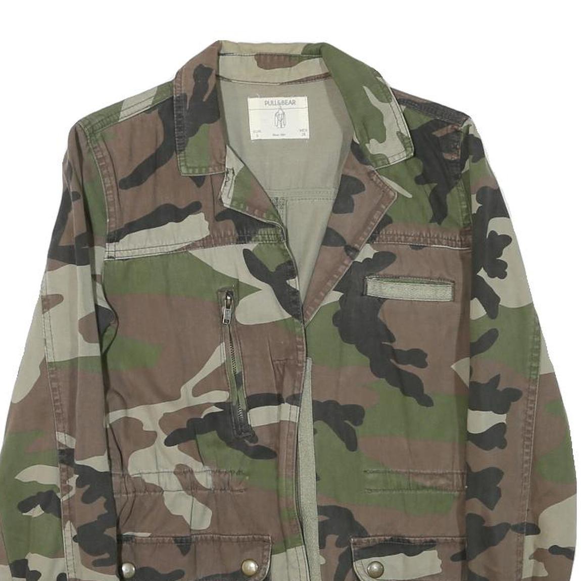 PULL AND BEAR Womens Green Brown Cotton Blend Camouflage Jacket S Zip Pocket