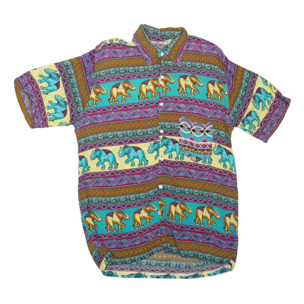 Mens Yellow & Turquoise Elephant Pattern Cotton Blend Shirt M Casual Summer