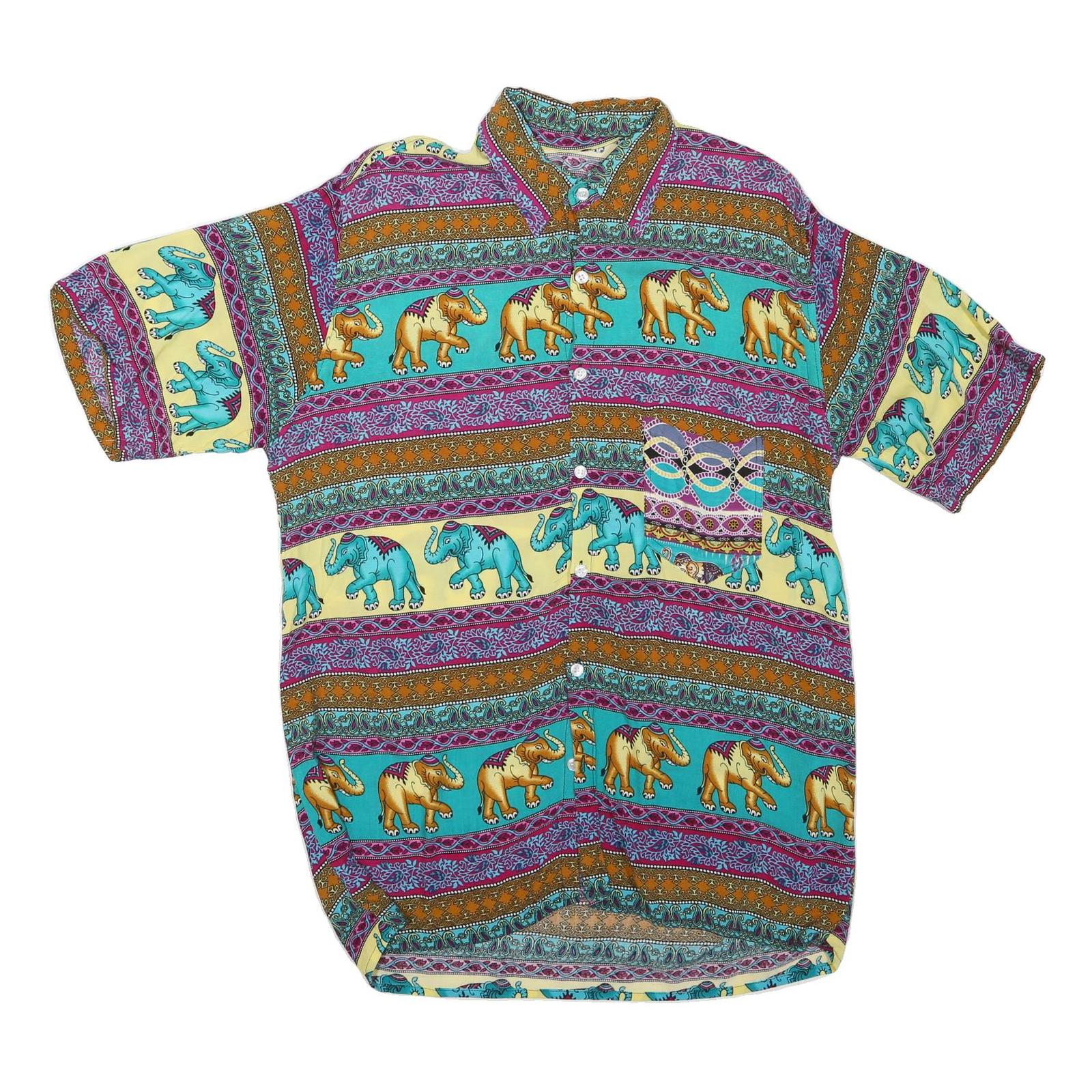 Mens Yellow & Turquoise Elephant Pattern Cotton Blend Shirt M Casual Summer