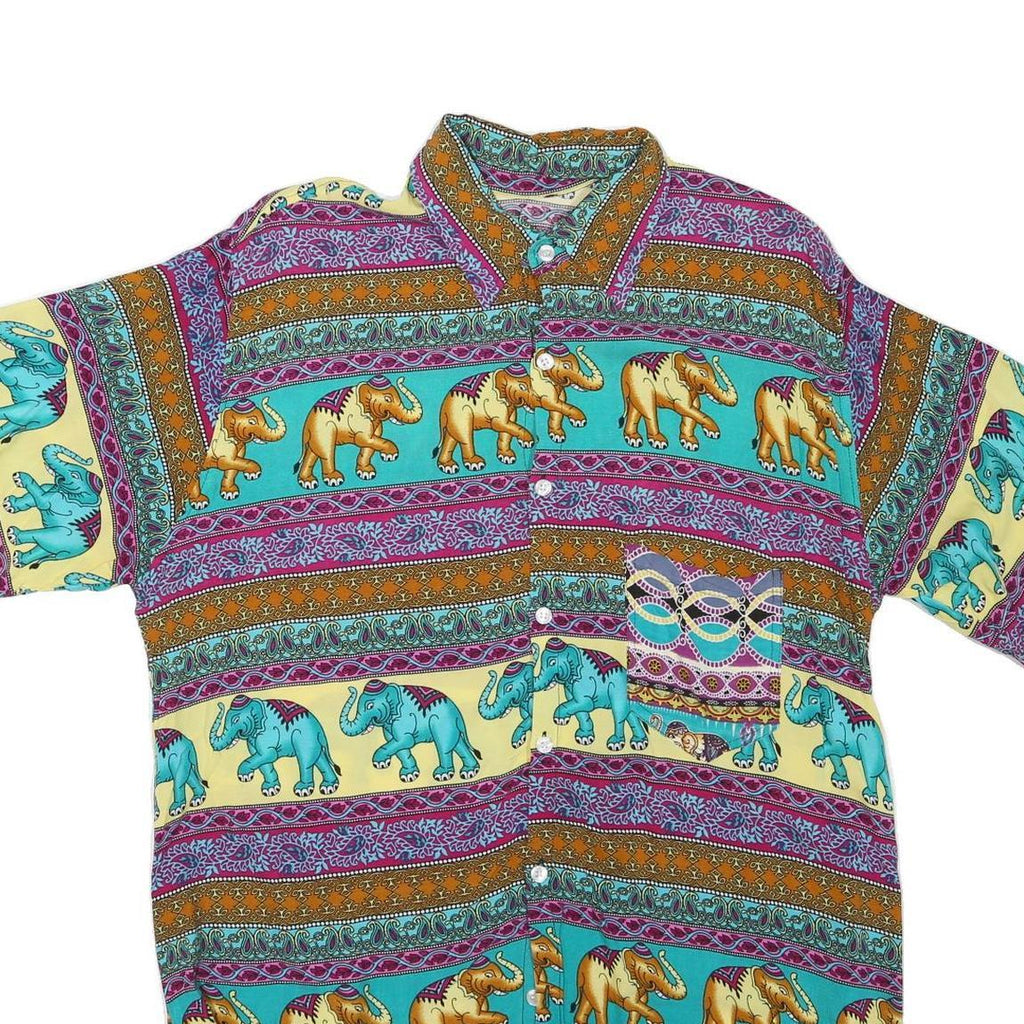Mens Yellow & Turquoise Elephant Pattern Cotton Blend Shirt M Casual Summer