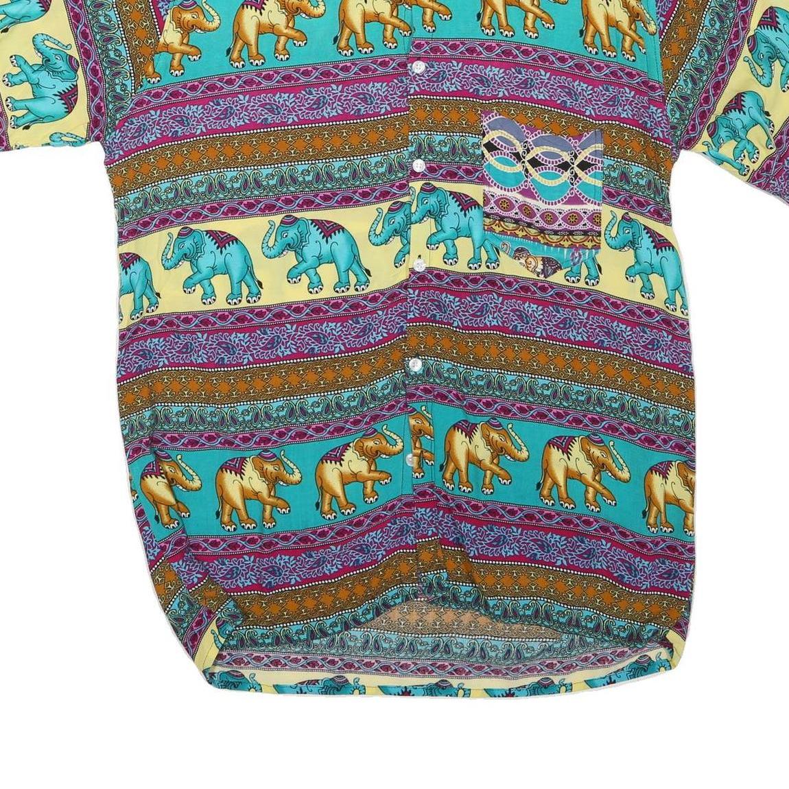 Mens Yellow & Turquoise Elephant Pattern Cotton Blend Shirt M Casual Summer