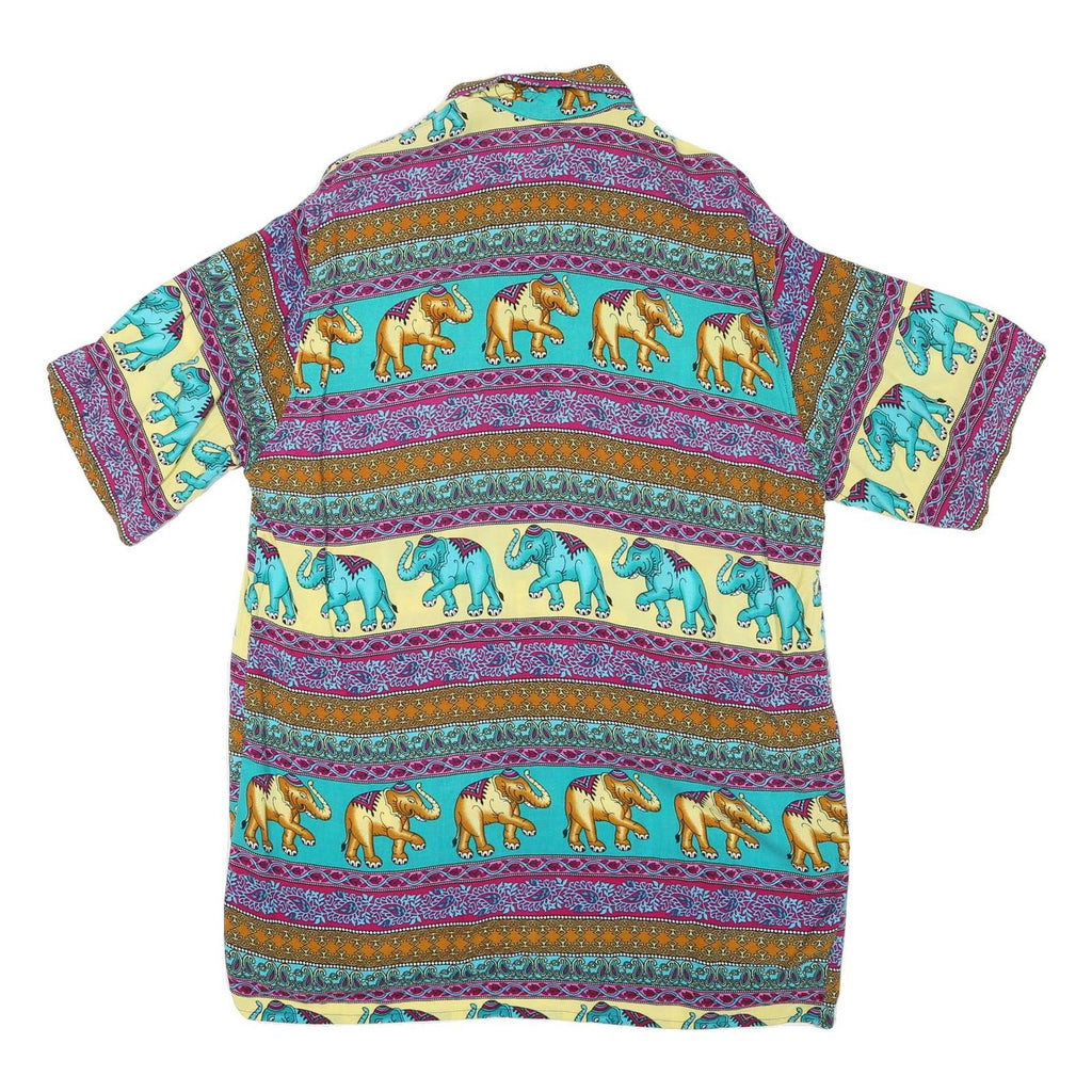 Mens Yellow & Turquoise Elephant Pattern Cotton Blend Shirt M Casual Summer
