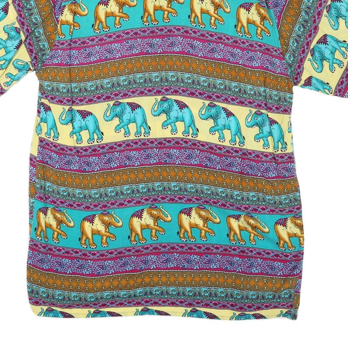 Mens Yellow & Turquoise Elephant Pattern Cotton Blend Shirt M Casual Summer