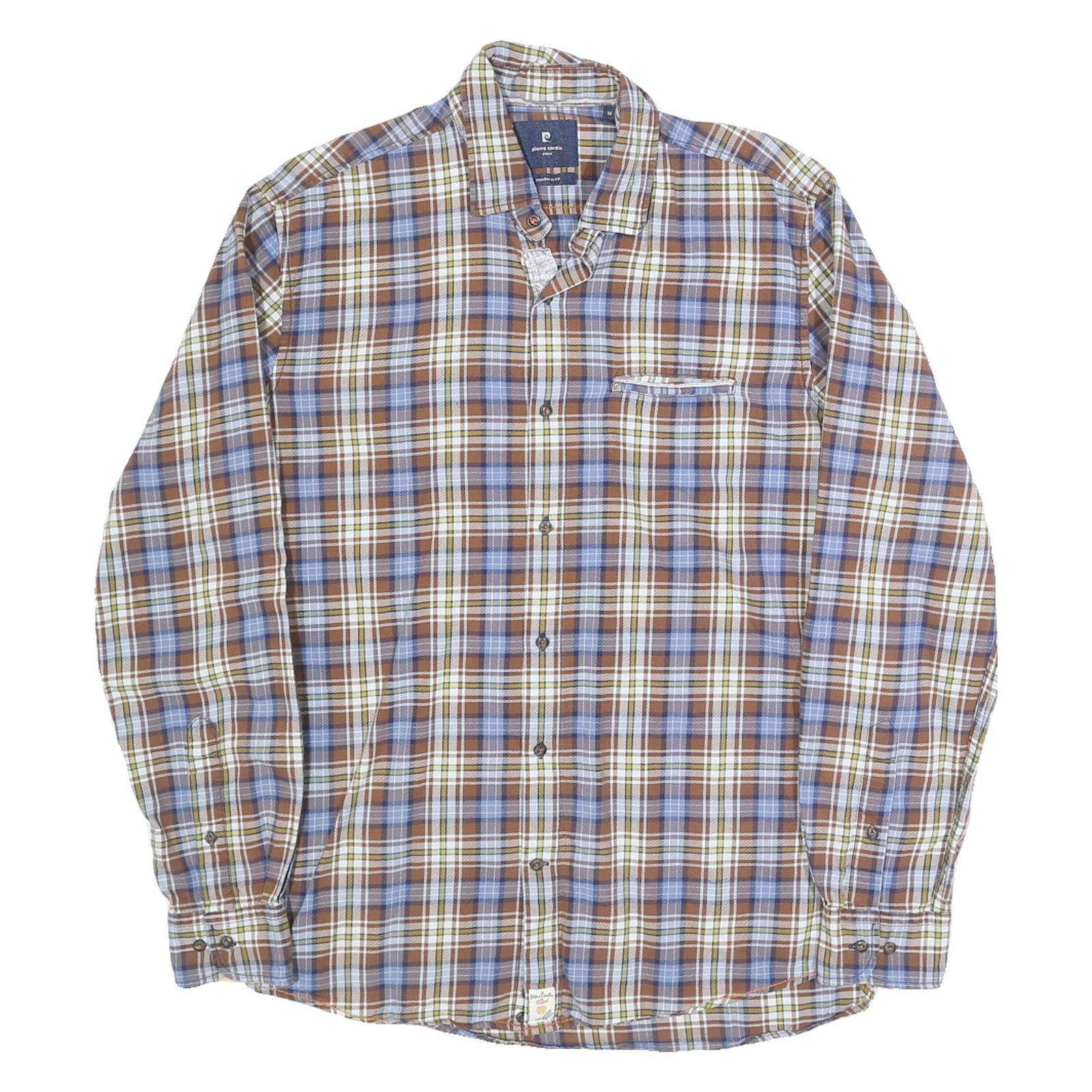 PIERRE CARDIN Mens Brown Blue & White Checked Shirt M Classic Cotton Long Sleeve
