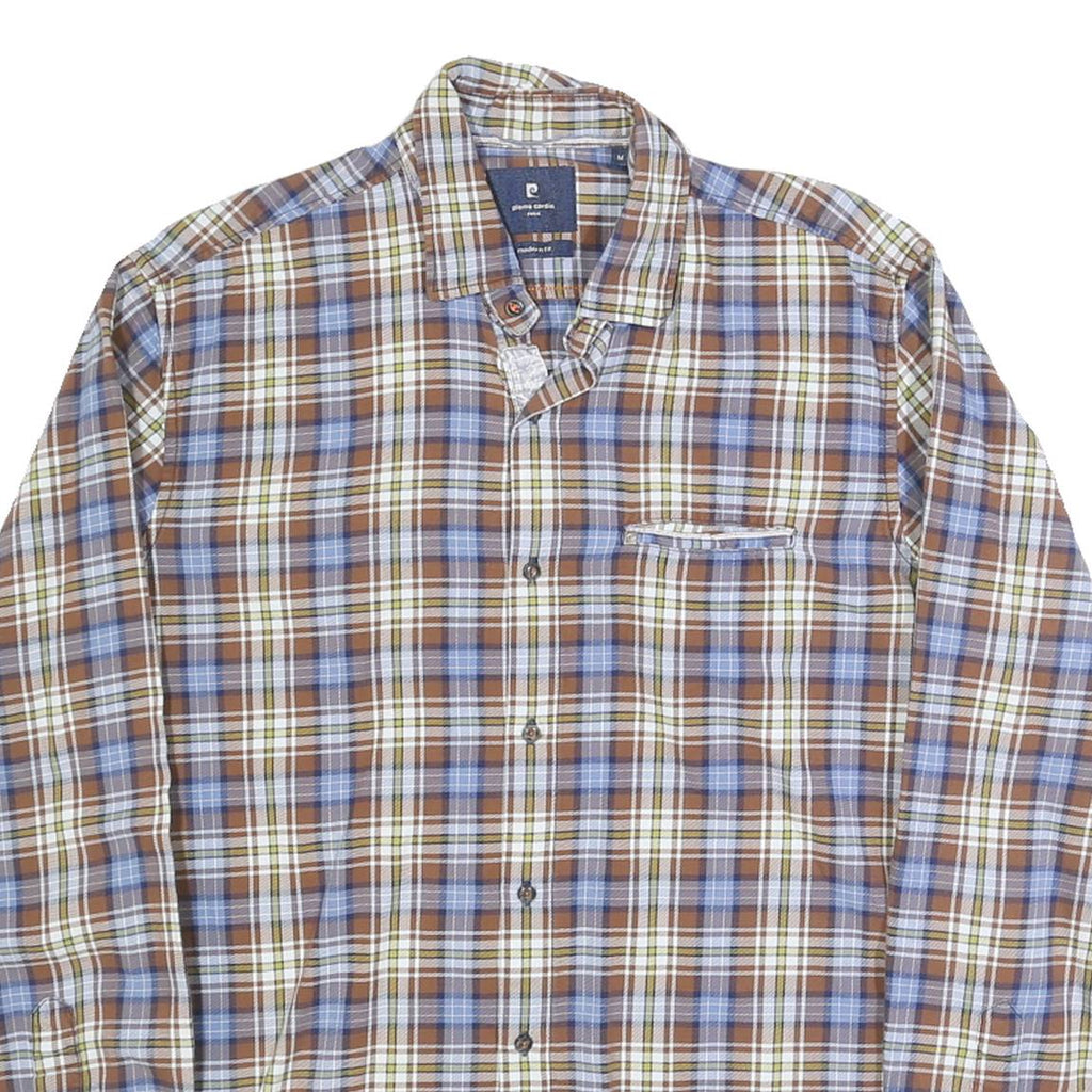 PIERRE CARDIN Mens Brown Blue & White Checked Shirt M Classic Cotton Long Sleeve